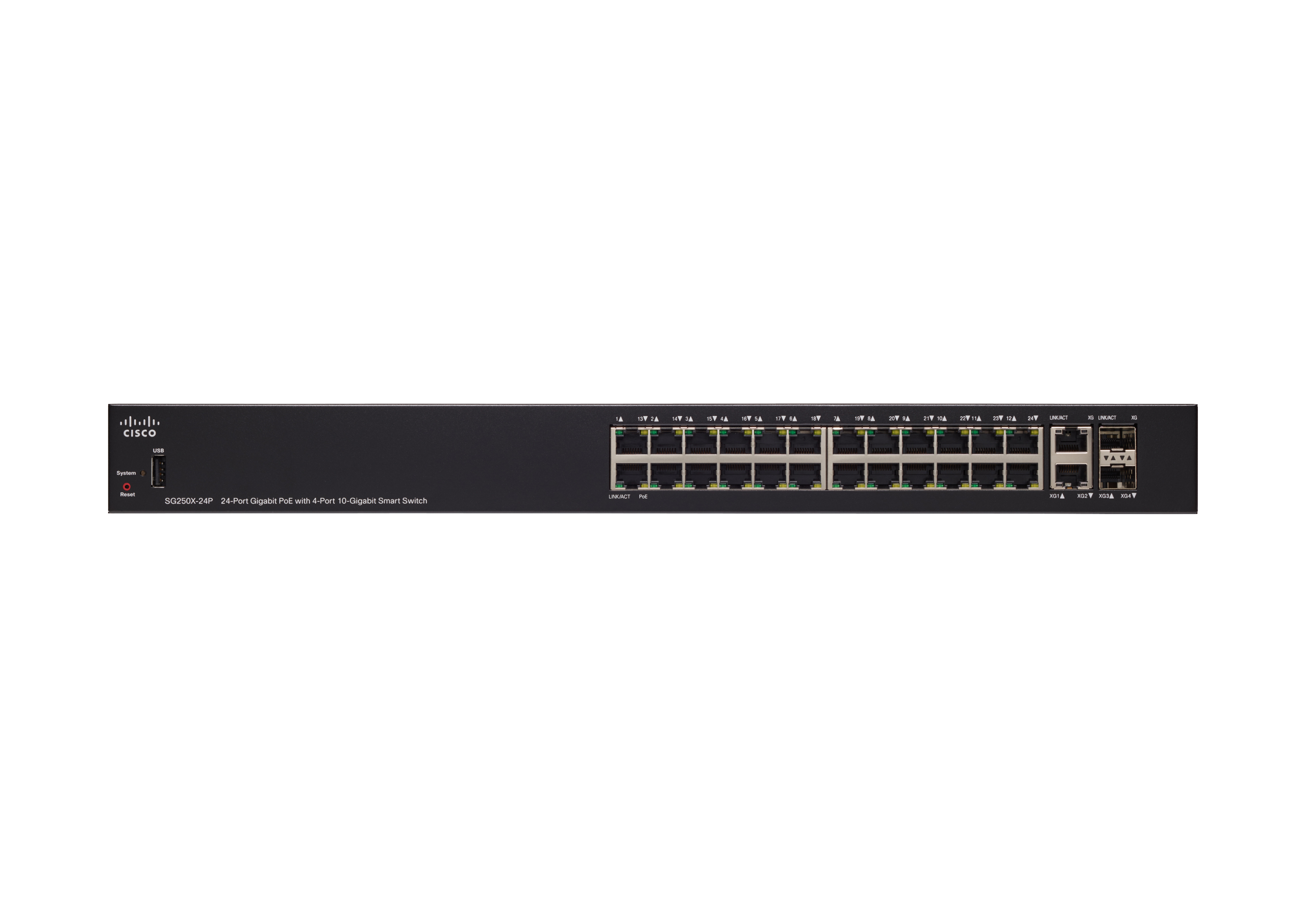 Schwarzer Netzwerk-Switch mit mehreren Anschlüssen, Etiketten, weißem Hintergrund.
