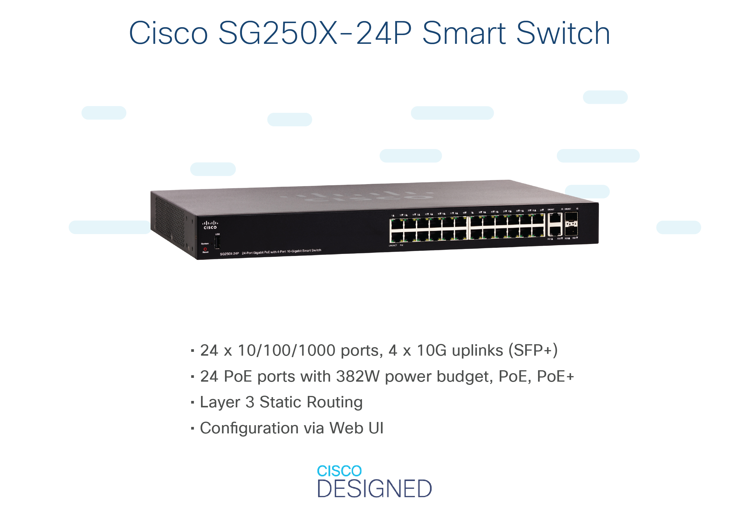 Schwarzer Cisco SG250X-24P Switch mit 24 Ports, Details auf weißem Grund.