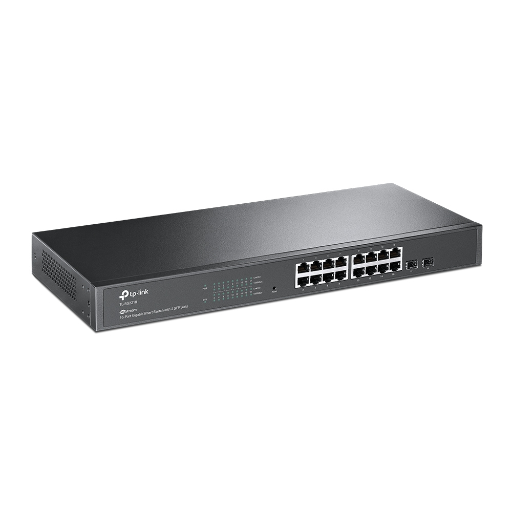 Schwarzer TP-Link 24-Port Gigabit Smart Switch. Anschlüsse, Beschriftungen und Power-Button sichtbar.