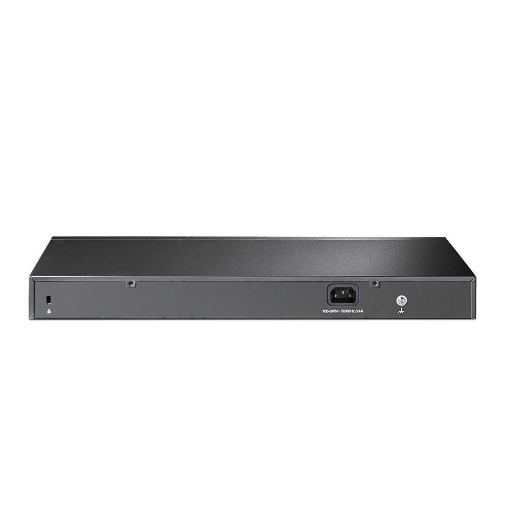 Schwarzer TP-Link Switch, Rückansicht, mit Stromanschluss und Anzeigen, auf weißem Hintergrund.