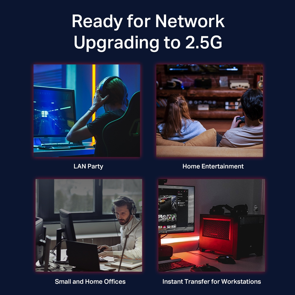 Cztery obrazy prezentujące ulepszenia sieci: LAN party, domowa rozrywka, małe biura, stacje robocze.