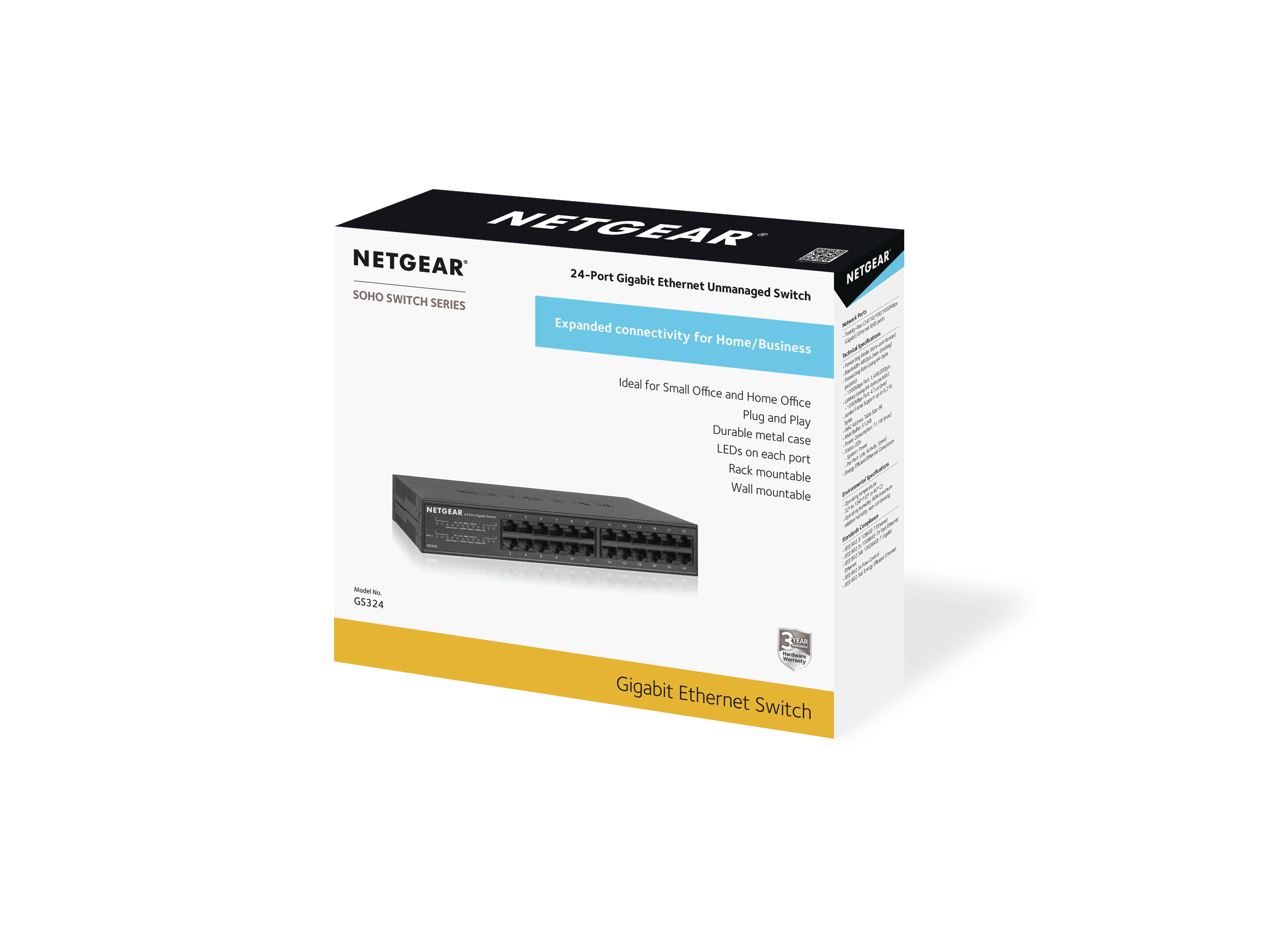 Eine weiße Box mit einem Netgear Switch, Text über das Produkt und seine Funktionen.