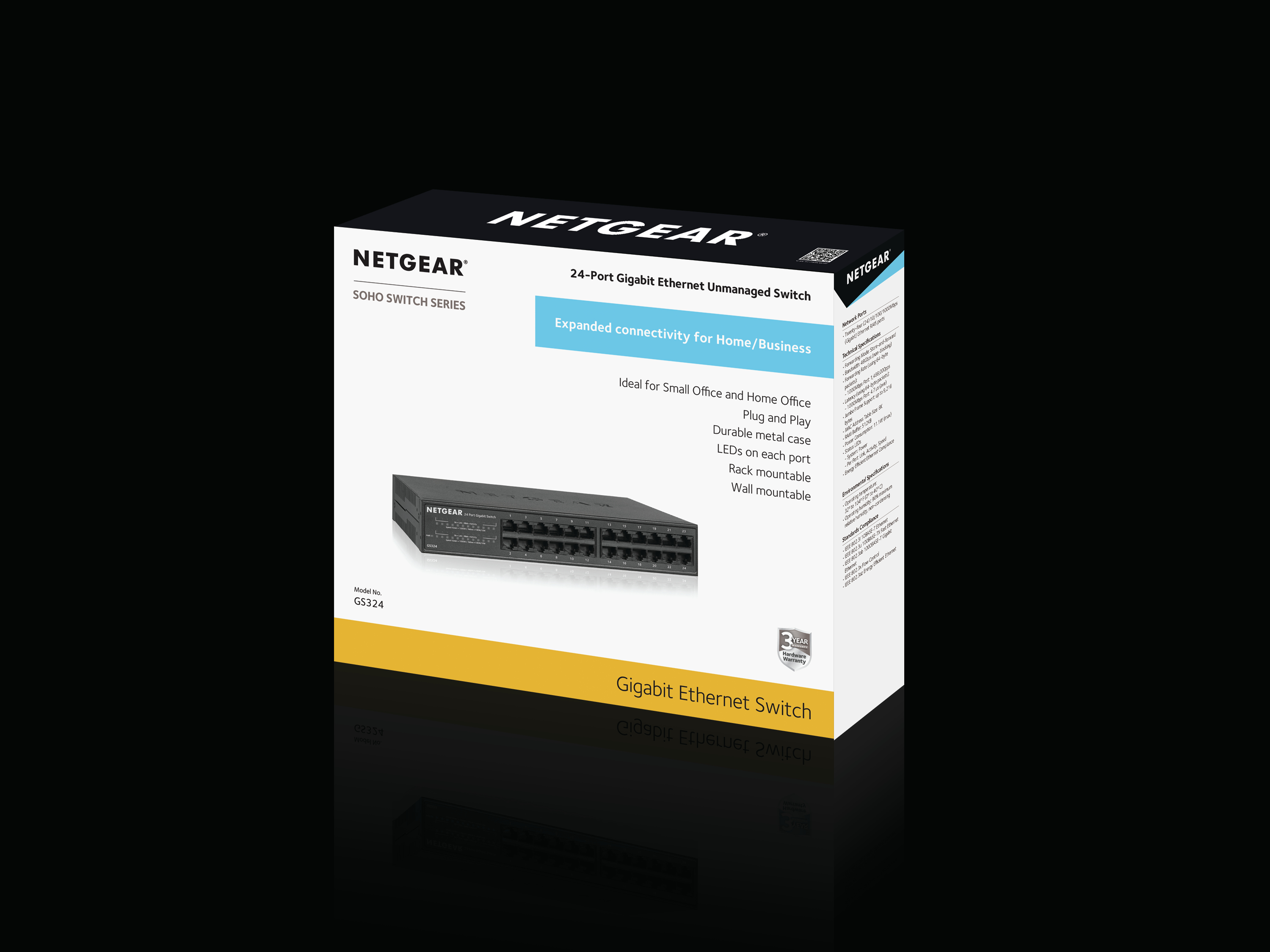Eine Schachtel des Netgear 24-Port Gigabit Ethernet Switch. Text: Erweiterte Konnektivität für Zuhause/Unternehmen.