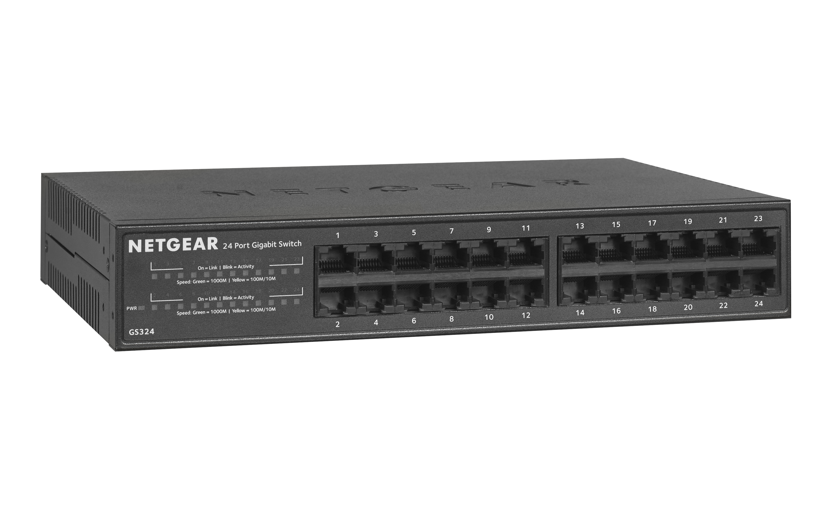 Schwarzer Netgear 24-Port-Gigabit-Switch mit beschrifteten Anschlüssen.
