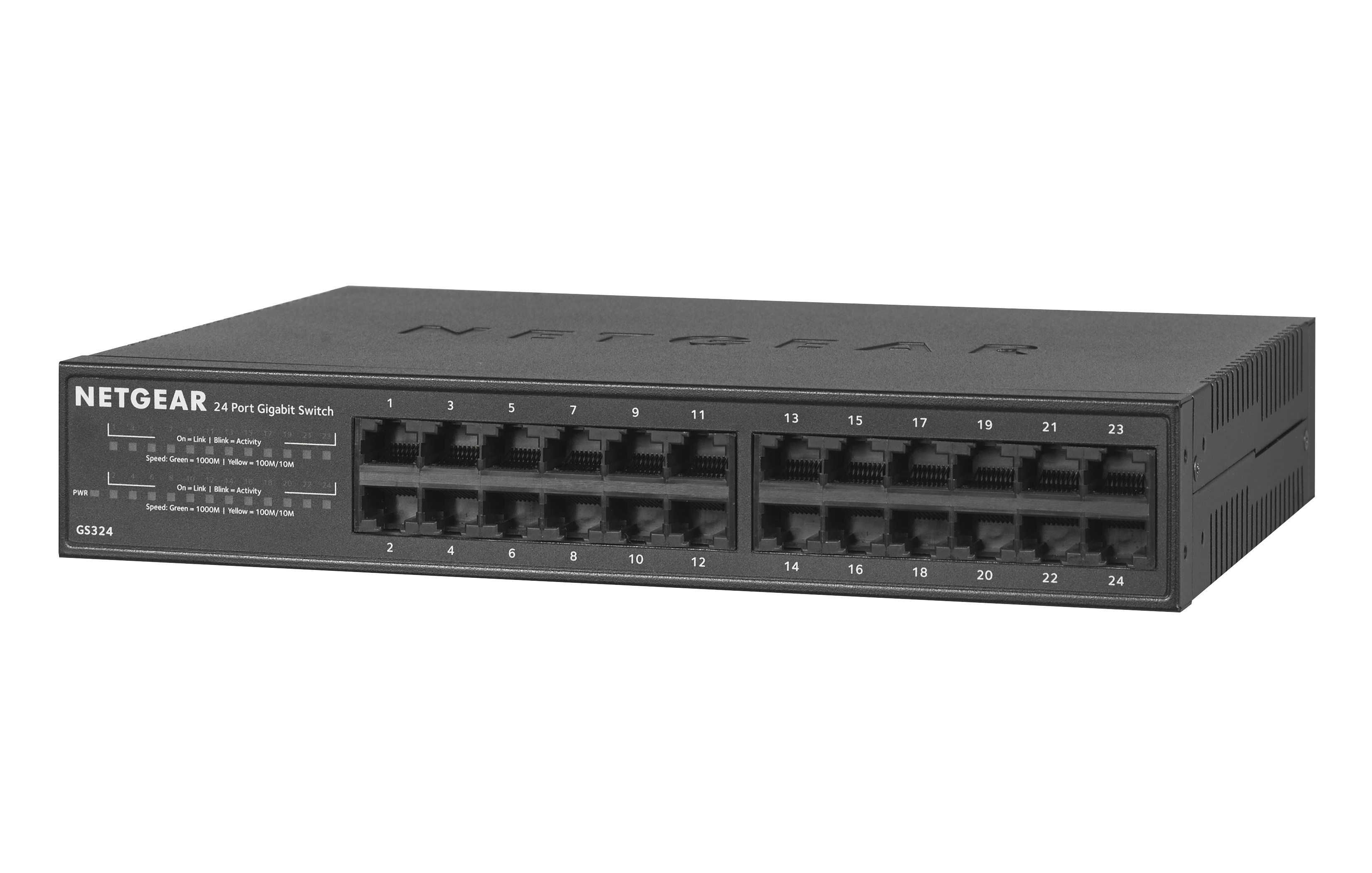 Schwarzer Netzwerk-Switch mit 24 Ports, isoliert auf weißem Hintergrund.