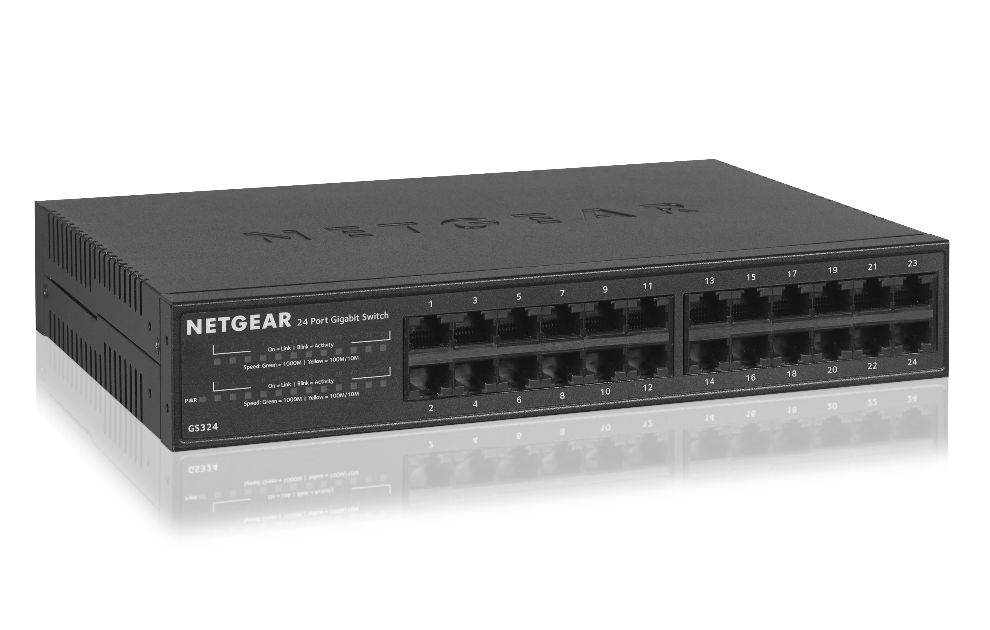 Netgear 24-Port Gigabit Switch. Schwarz. Mehrere Ports und Kontrollleuchten.