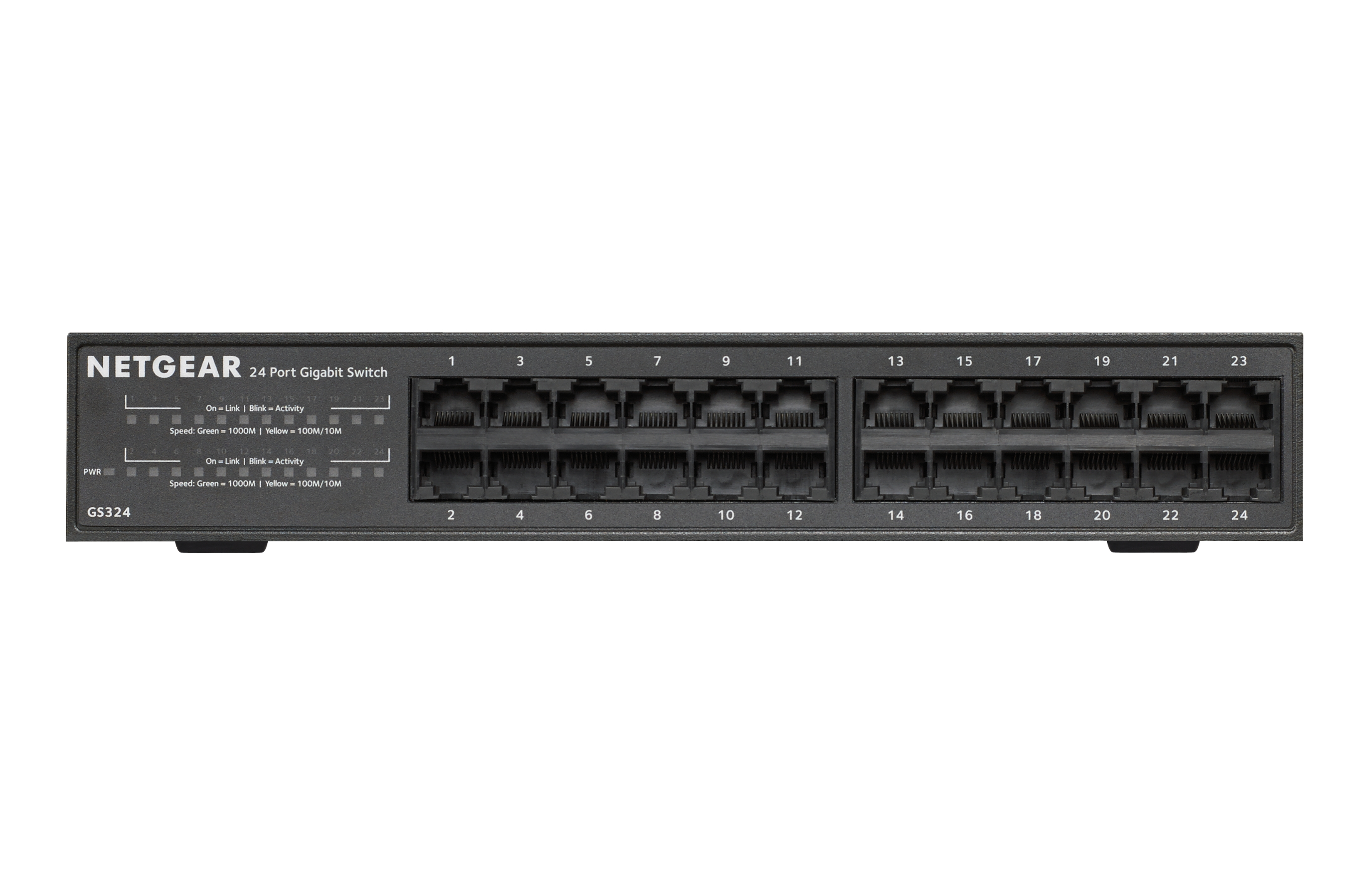 Schwarzer NETGEAR 24-Port Gigabit Switch auf weißem Hintergrund, mit Beschriftungen und Anschlüssen.
