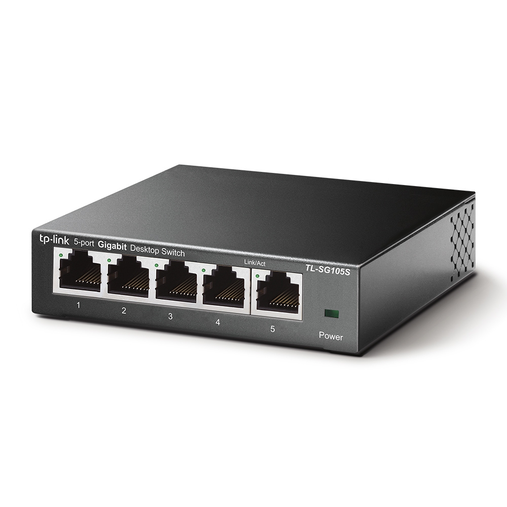 Schwarzer TP-Link 5-Port-Switch mit Anschlüssen und Anzeigen auf weißem Hintergrund.