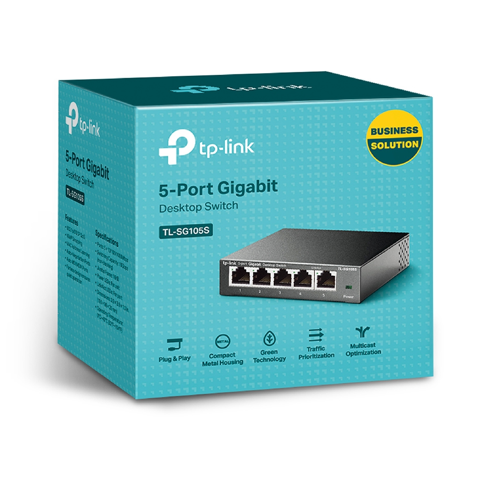 TP-Link 5-Port Gigabit Desktop Switch Box, blau und weiß, mit Produktbild.
