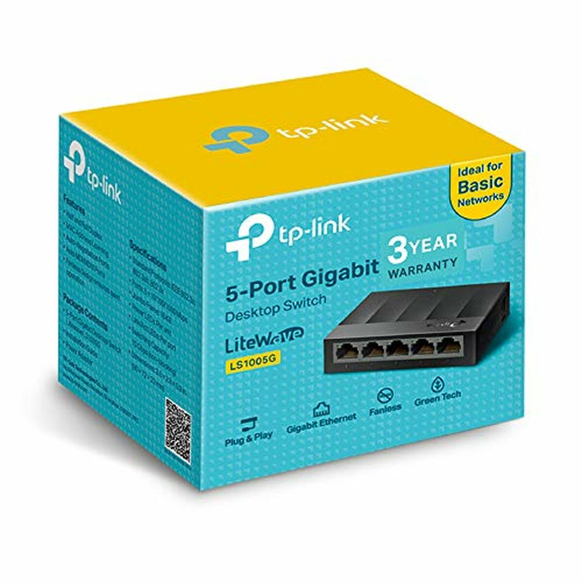 Verpackter tp-link 5-Port-Gigabit-Switch. Blaues und gelbes Design.