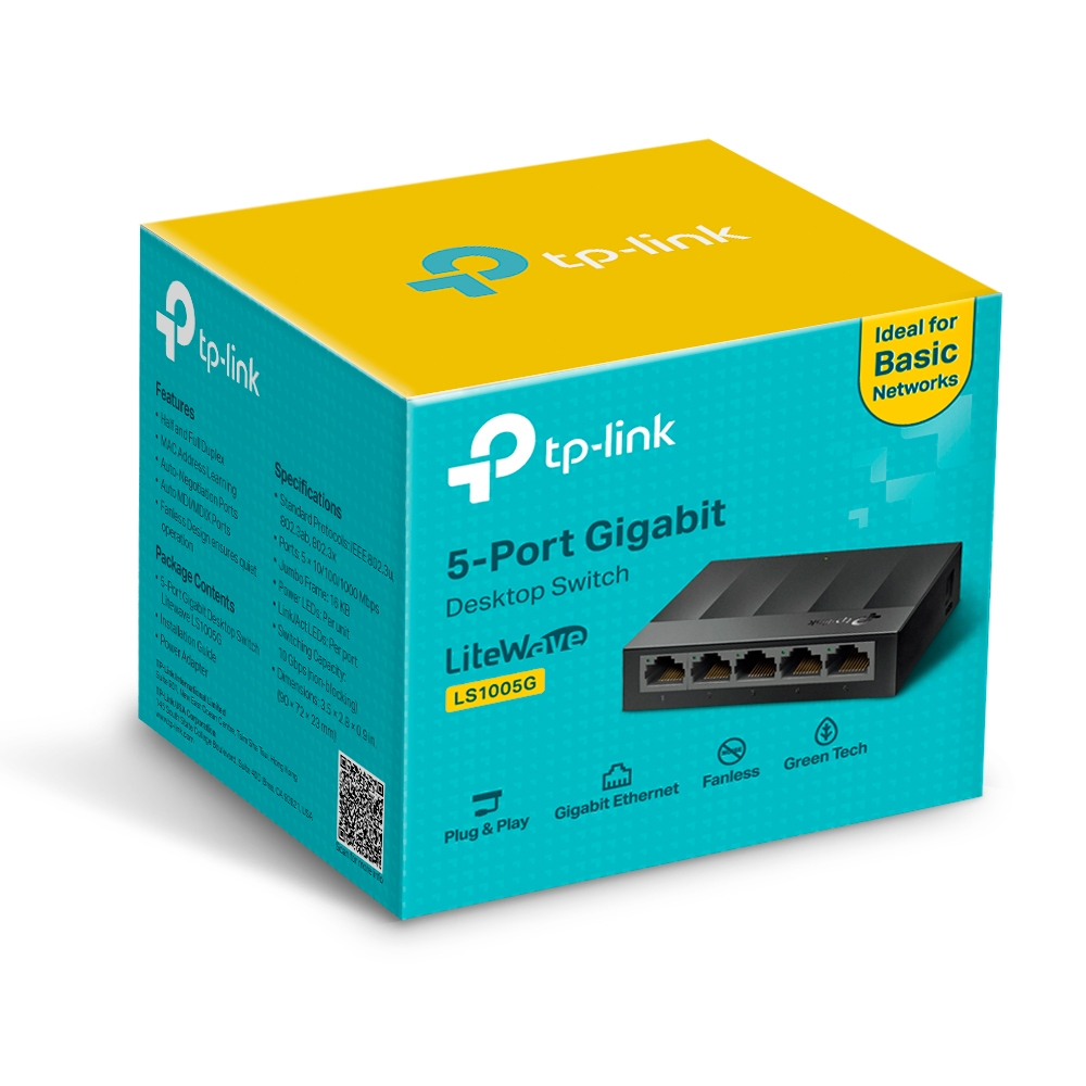 Un switch de escritorio Gigabit de 5 puertos de tp-link, caja amarilla y verde azulado.