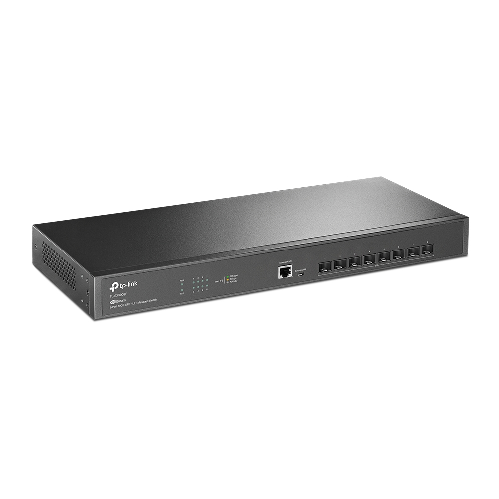 Ein schwarzer TP-Link Switch mit 8 Ports und anderen Anschlüssen. Der Hintergrund ist weiß.