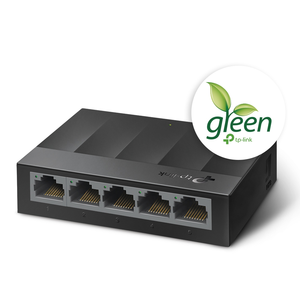 Un switch tp-link negro con 5 puertos y el logo verde. El fondo es blanco.