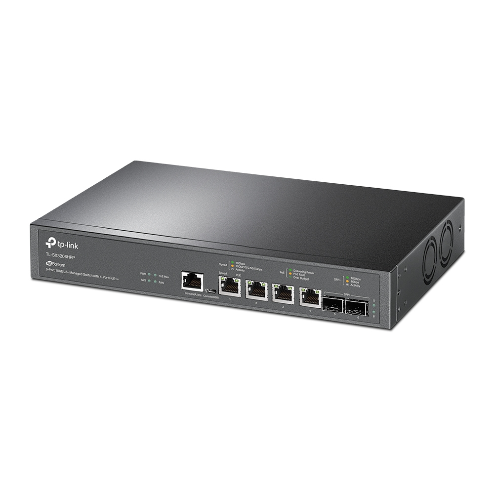 Ein schwarzer Netzwerk-Switch mit mehreren Ports und Anzeigen, das tp-link-Logo ist sichtbar.