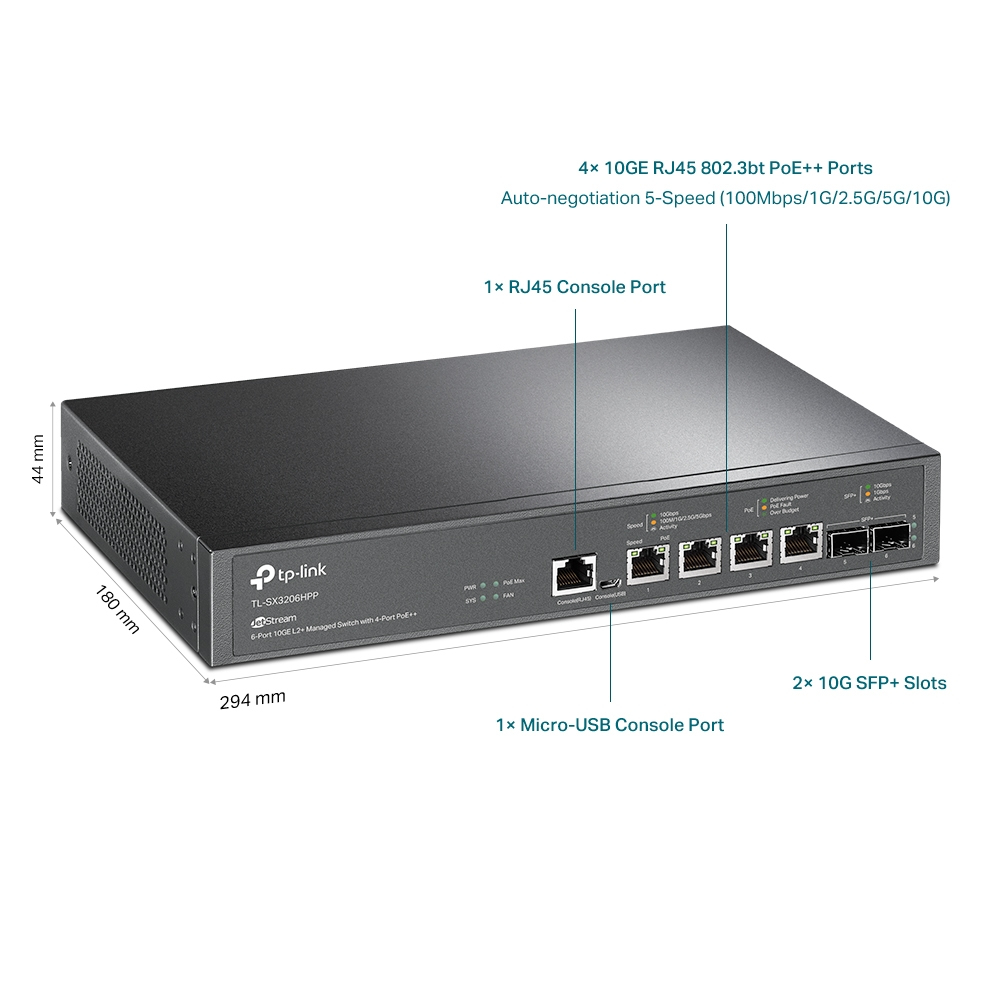 TP-Link JetStream Switch, schwarz, mit Anschlüssen, beschrifteten Verbindungen und Maßangaben.
