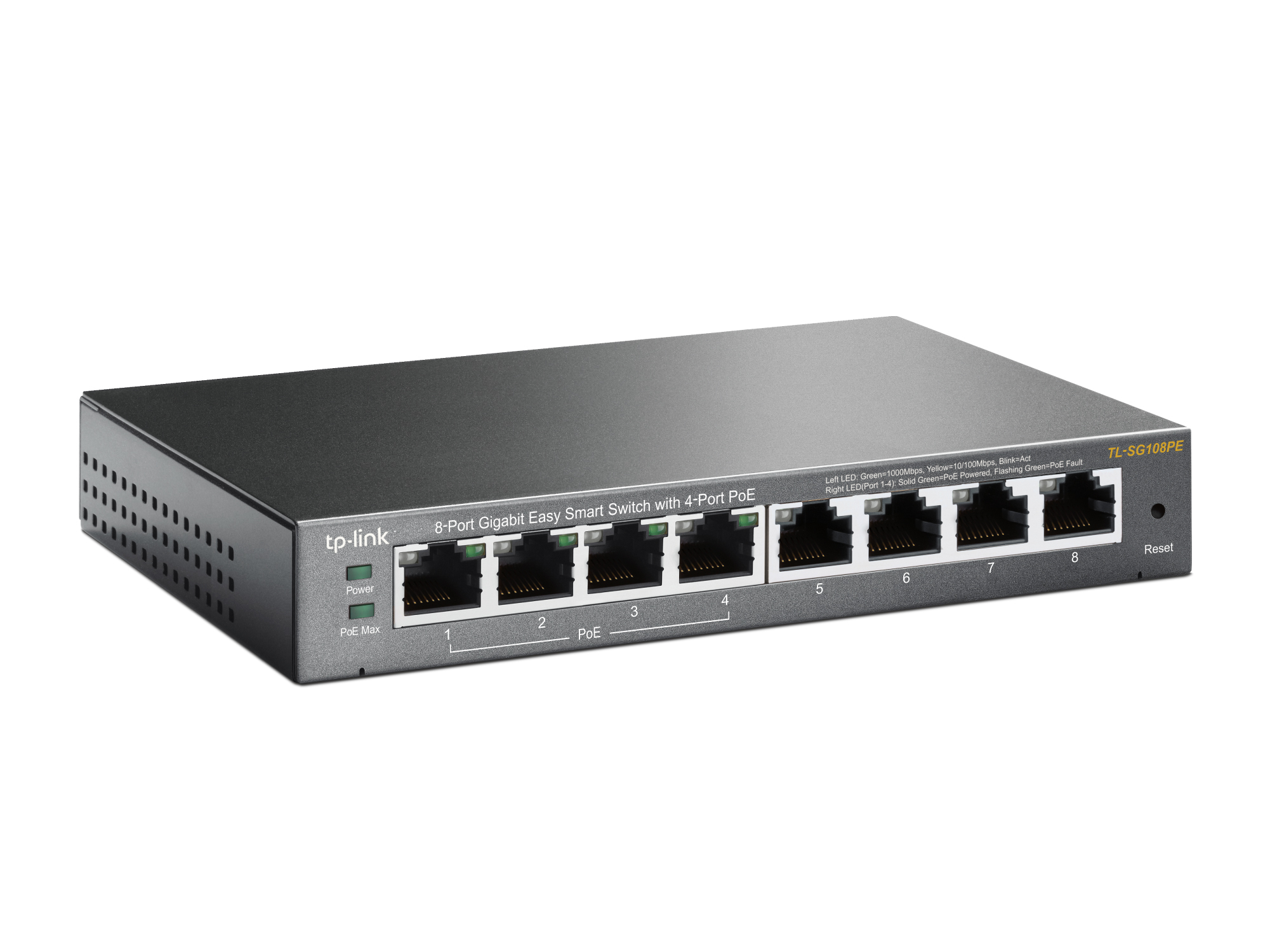 Schwarzer Netzwerk-Switch mit Anschlüssen. Marke: TP-Link. Mit PoE-Funktion.