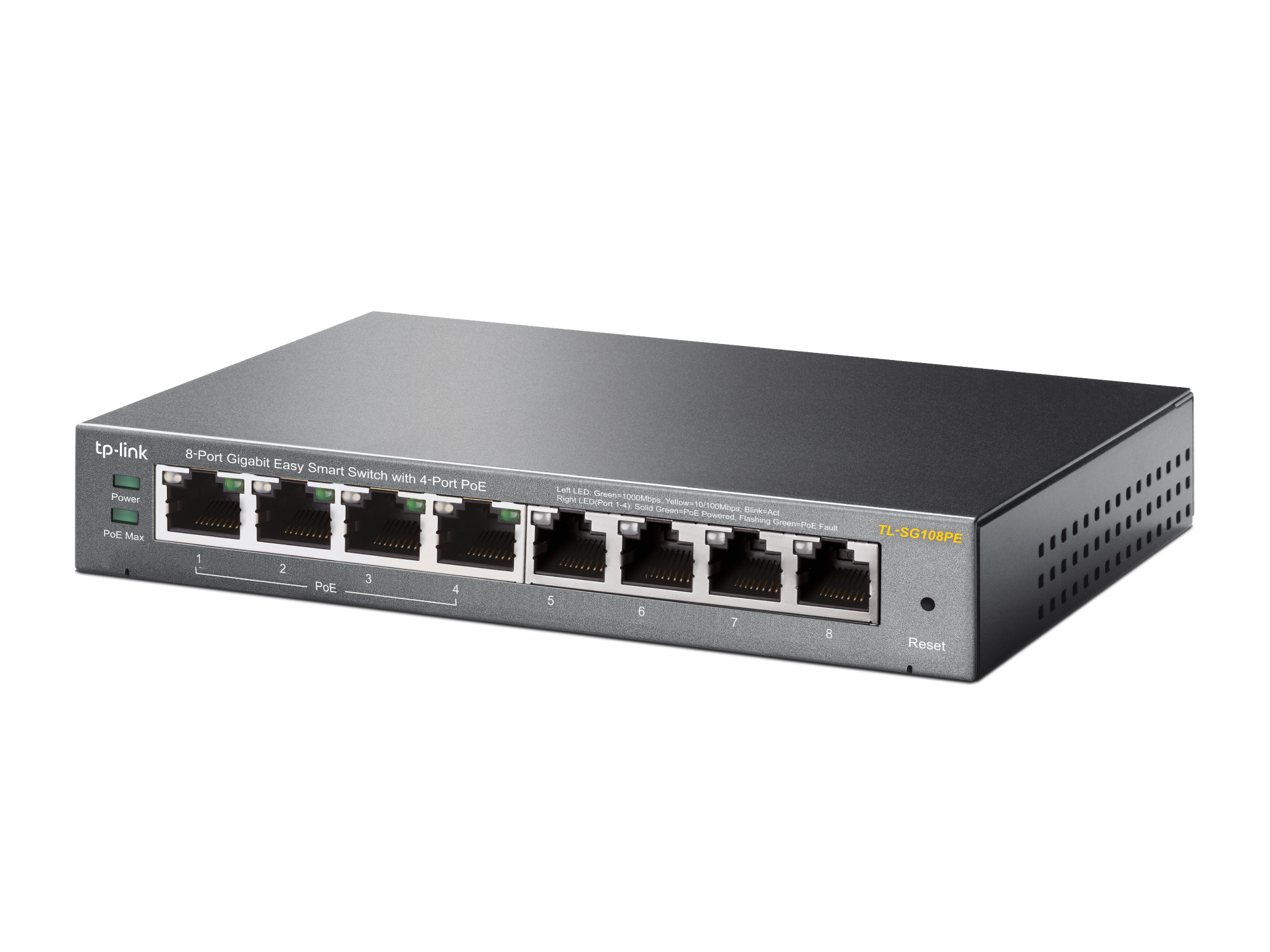 Schwarzer Netzwerk-Switch mit Anschlüssen. 8 Anschlüsse sind sichtbar. Strom- und PoE-Anzeigen vorhanden.