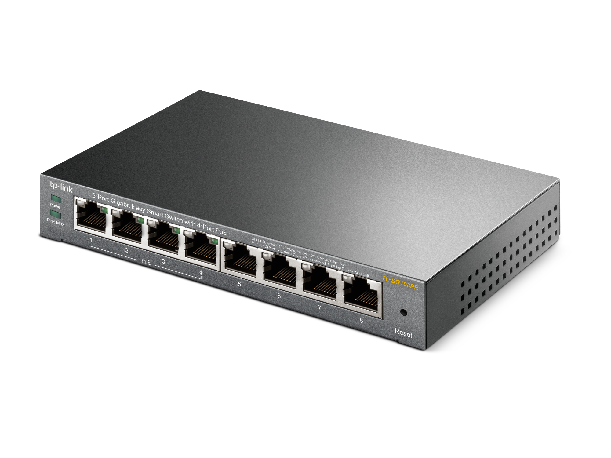 Ein schwarzer Netzwerk-Switch mit acht Anschlüssen, dem tp-link-Logo und PoE-Ports.