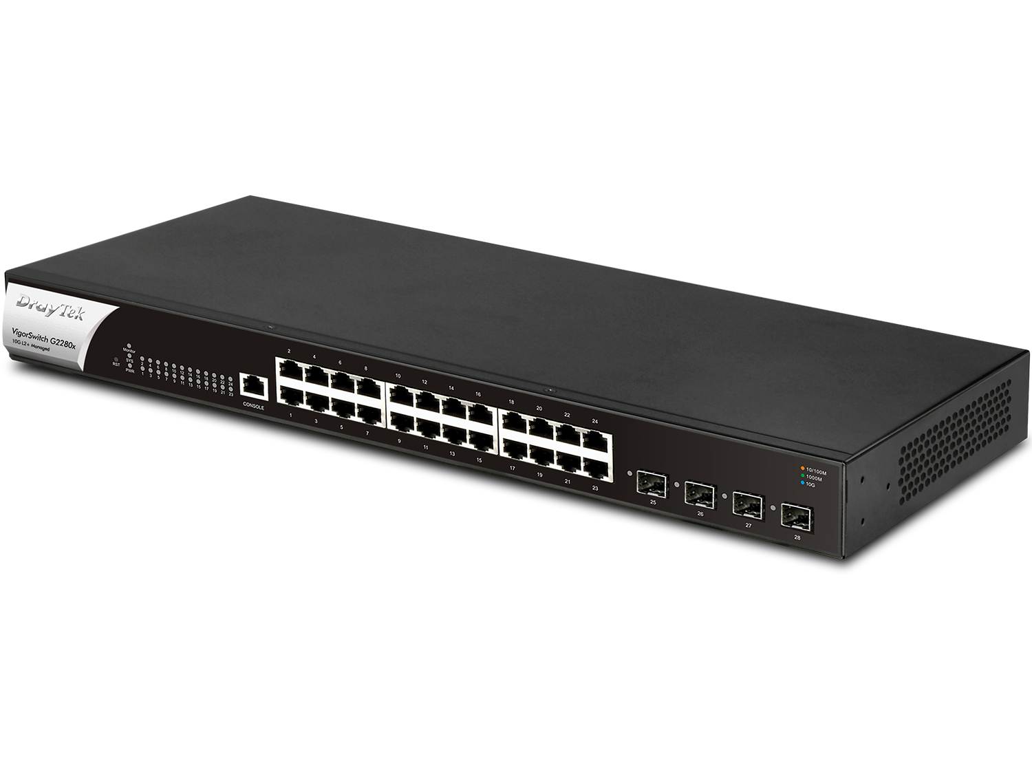 VigorSwitch negro con 28 puertos y luces. Fondo blanco.
