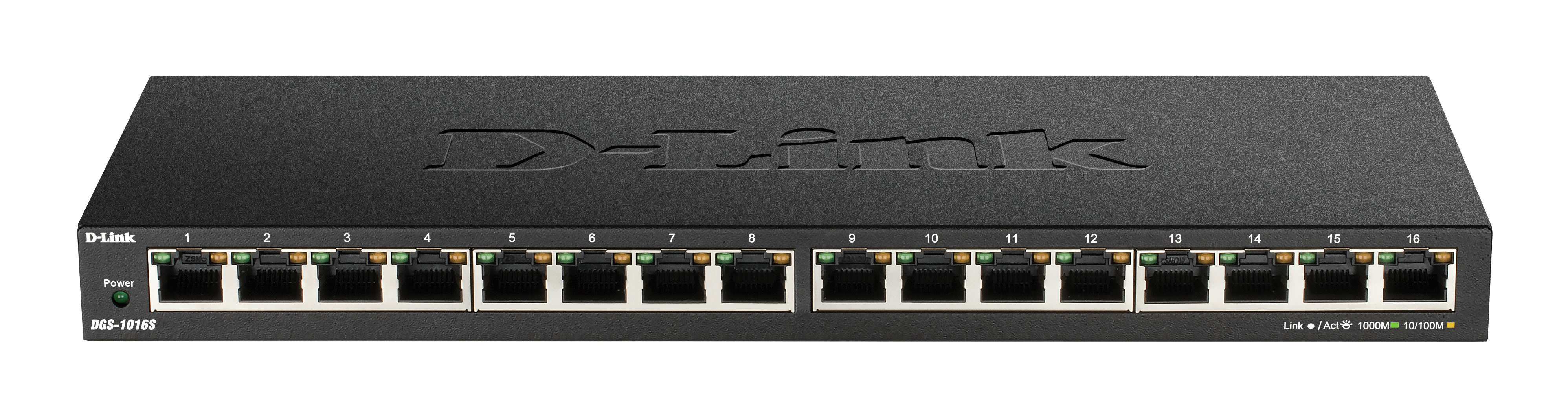 Switch D-Link nero con 16 porte e indicatore di alimentazione verde.