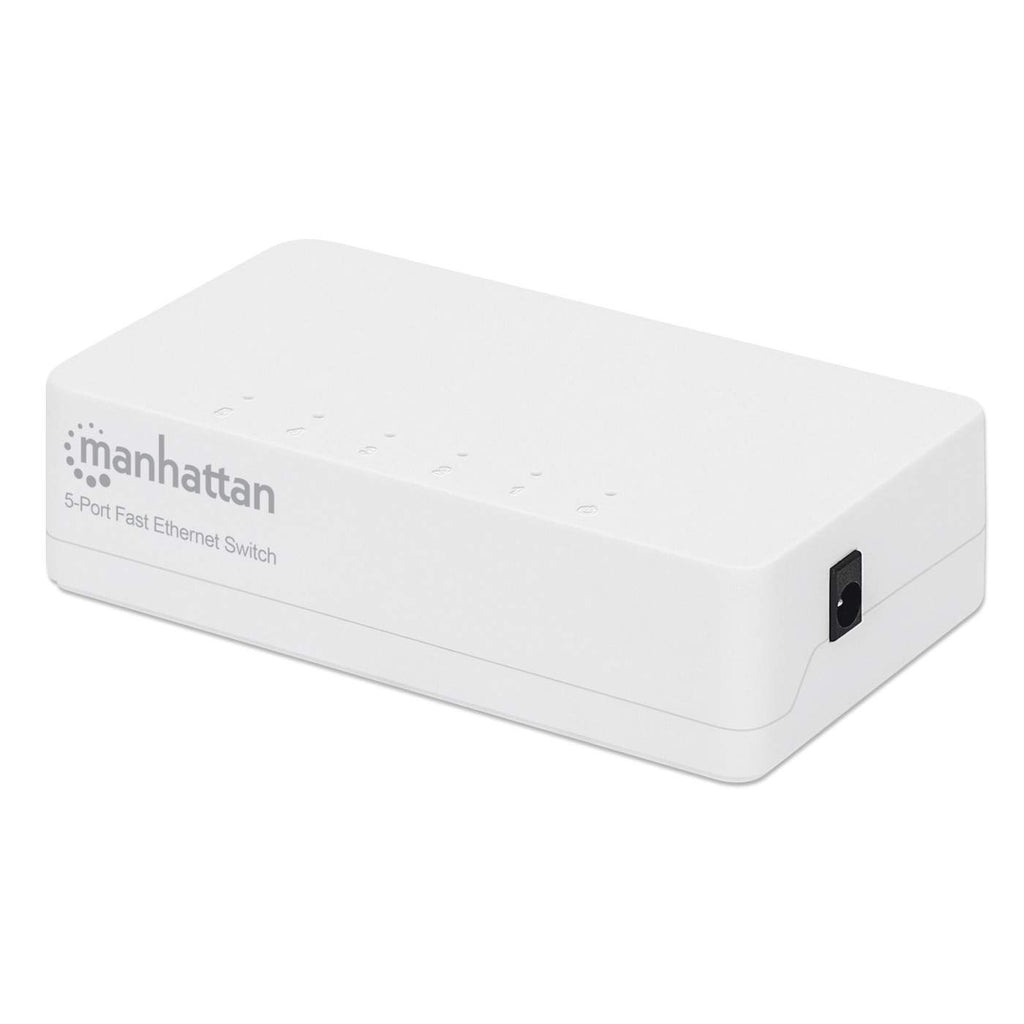 Switch di rete bianco con porte. Marchio Manhattan e porte visibili su sfondo bianco.