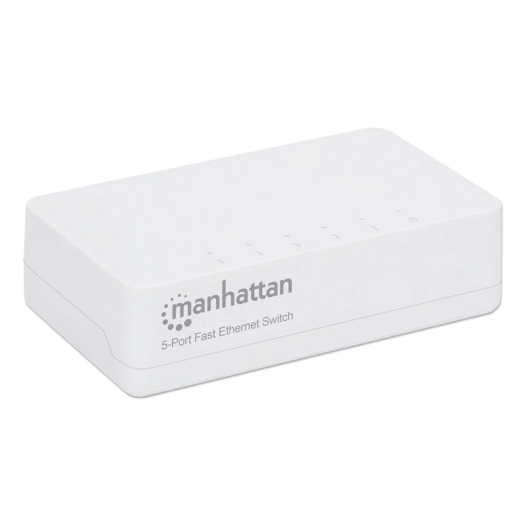 Switch di rete rettangolare bianco con 5 porte, marchio Manhattan. Sfondo bianco.