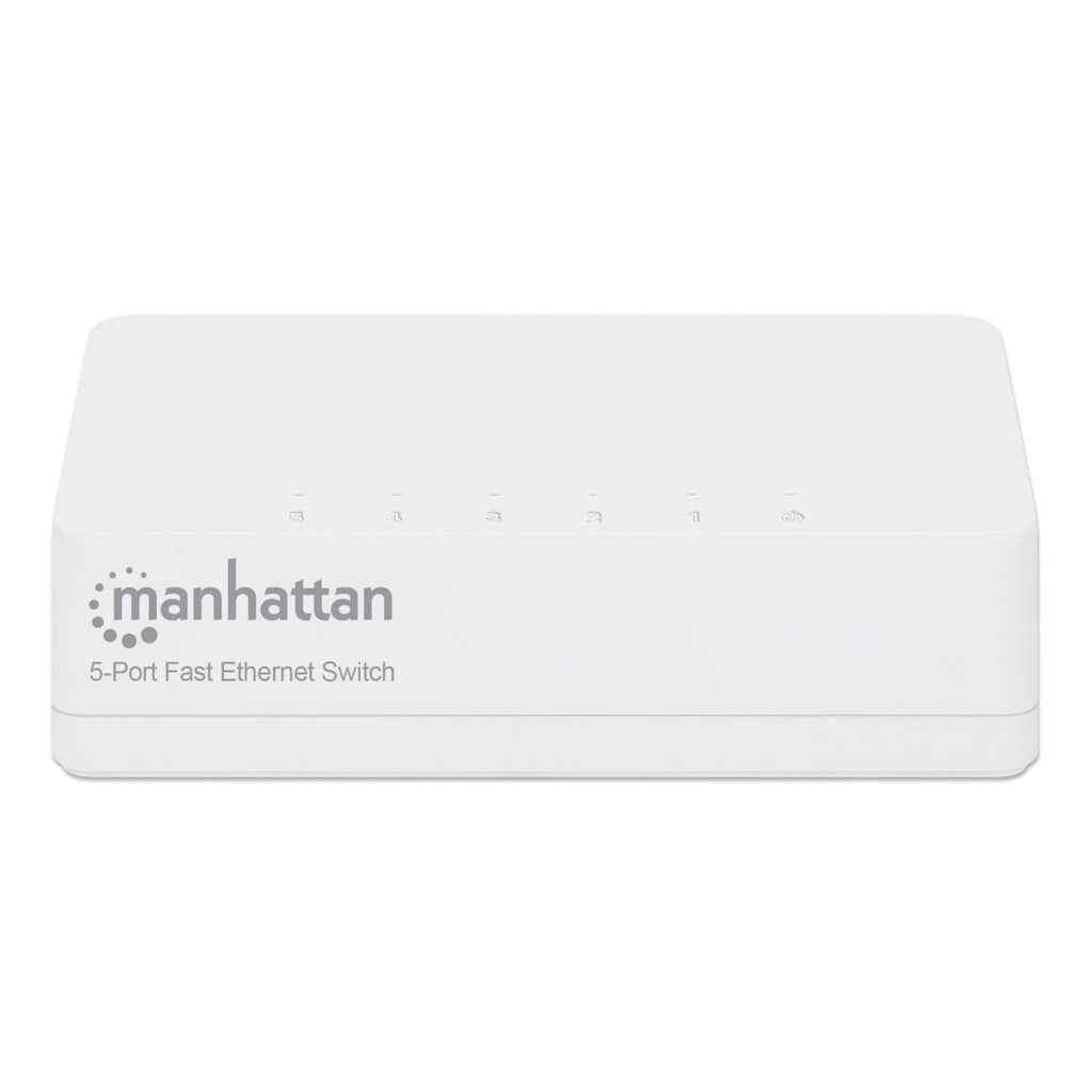 Switch Ethernet bianco Manhattan a 5 porte. Logo e informazioni sul prodotto visibili.