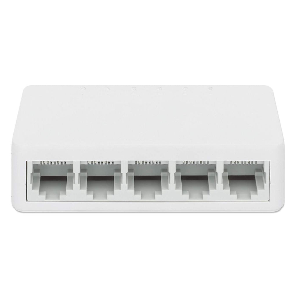 Switch di rete bianco con cinque porte. Ogni porta ha una piccola luce indicatrice.