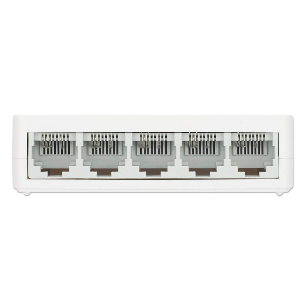 Switch di rete bianco con 5 porte. Le porte sono frontali, rivolte verso la fotocamera.