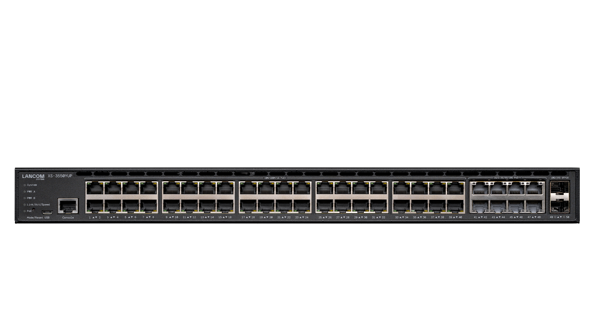 Switch di rete nero con 48 porte, marchio Lancom. Porte etichettate. Sfondo bianco.