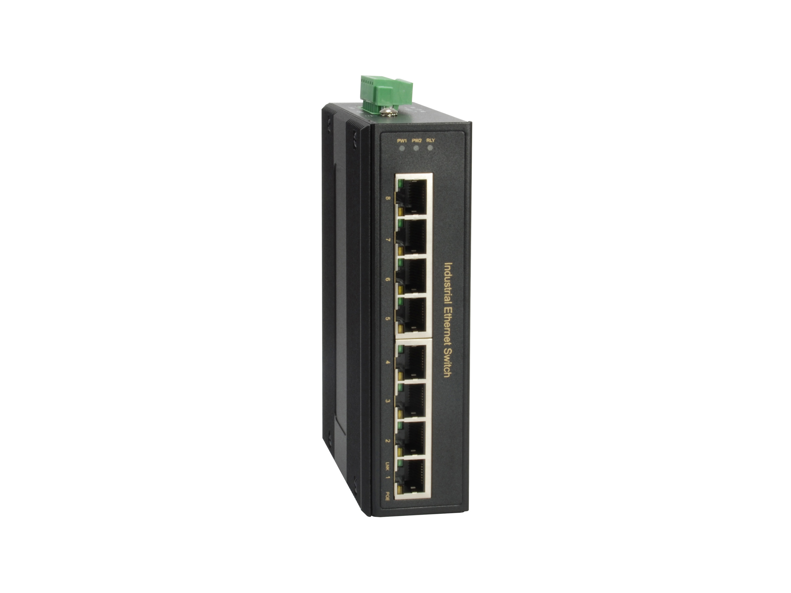 Uno switch Ethernet industriale nero con otto porte. L'etichetta dice 'Industrial Ethernet Switch'.