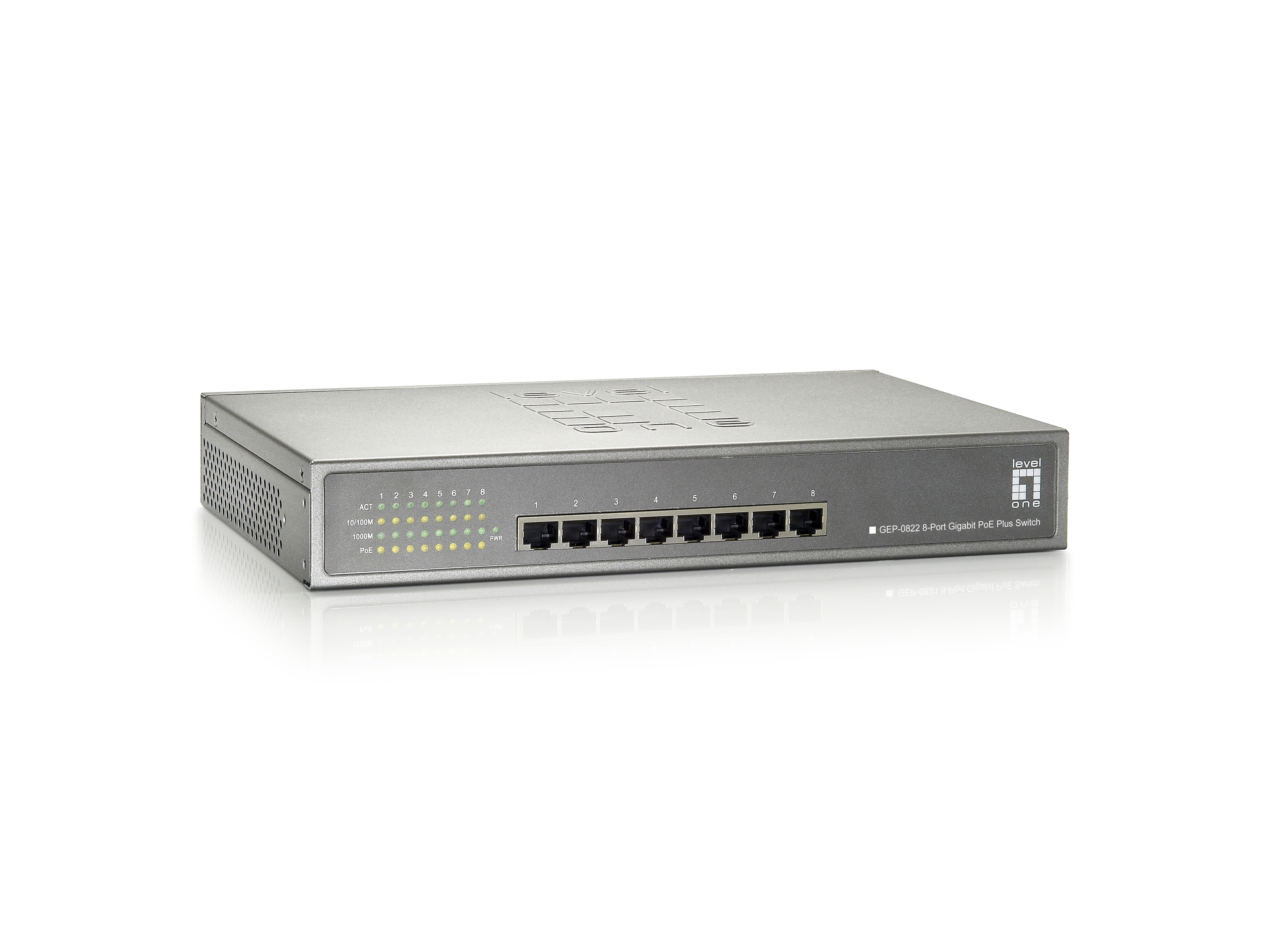 Switch Level One grigio a 8 porte Gigabit Full PoE. Caratteristiche visibili sul fronte.