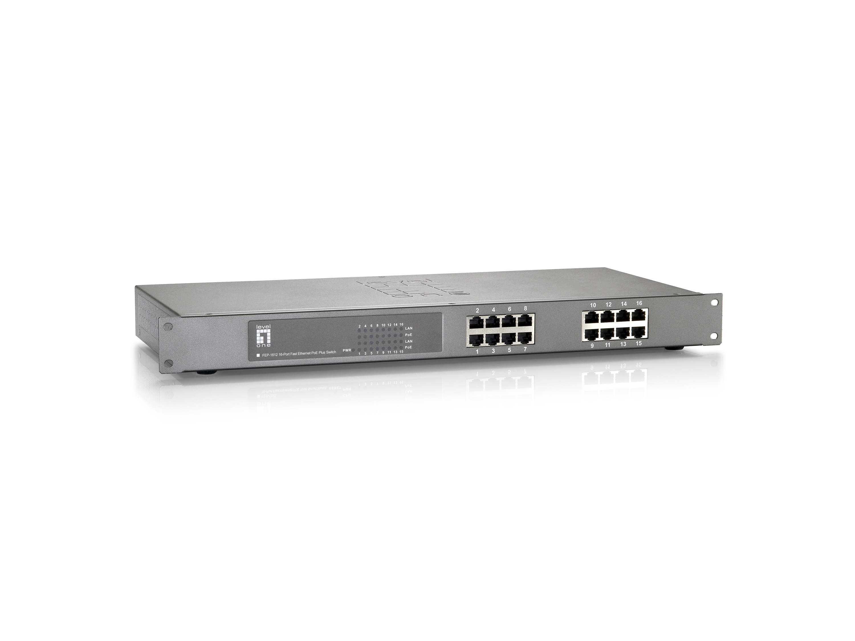 Uno switch di rete grigio con 16 porte, etichettate e disposte su due file, su sfondo bianco.
