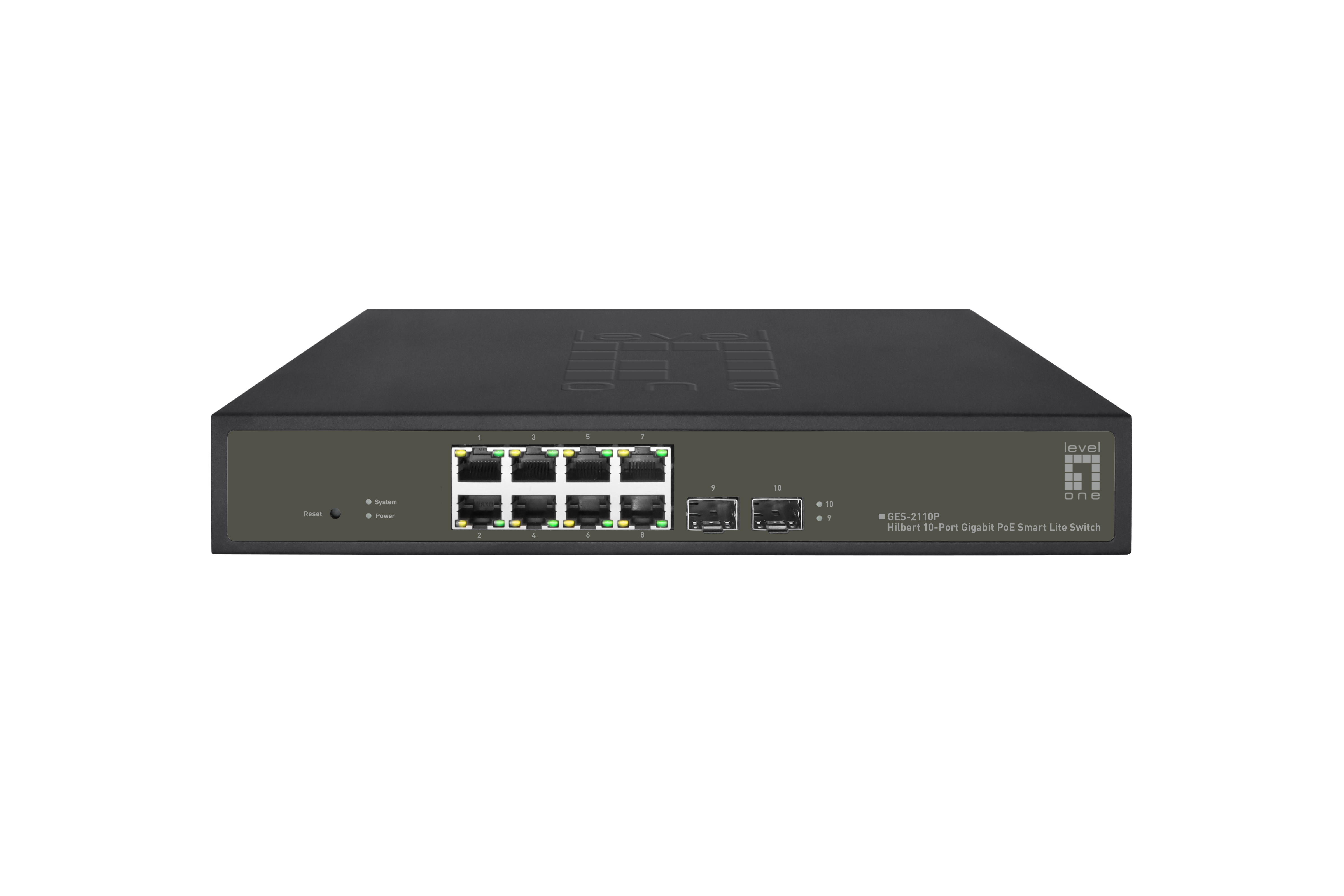 Switch di rete nero con porte. Marca: Level One. Testo: Gigabit PoE Smart Lite Switch.
