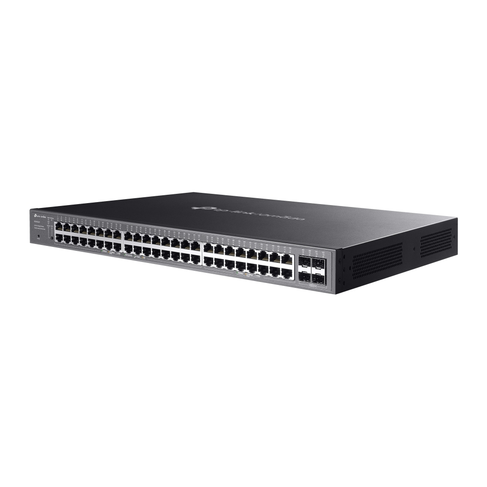 Commutateur réseau TP-Link noir avec de nombreux ports. Fond blanc.