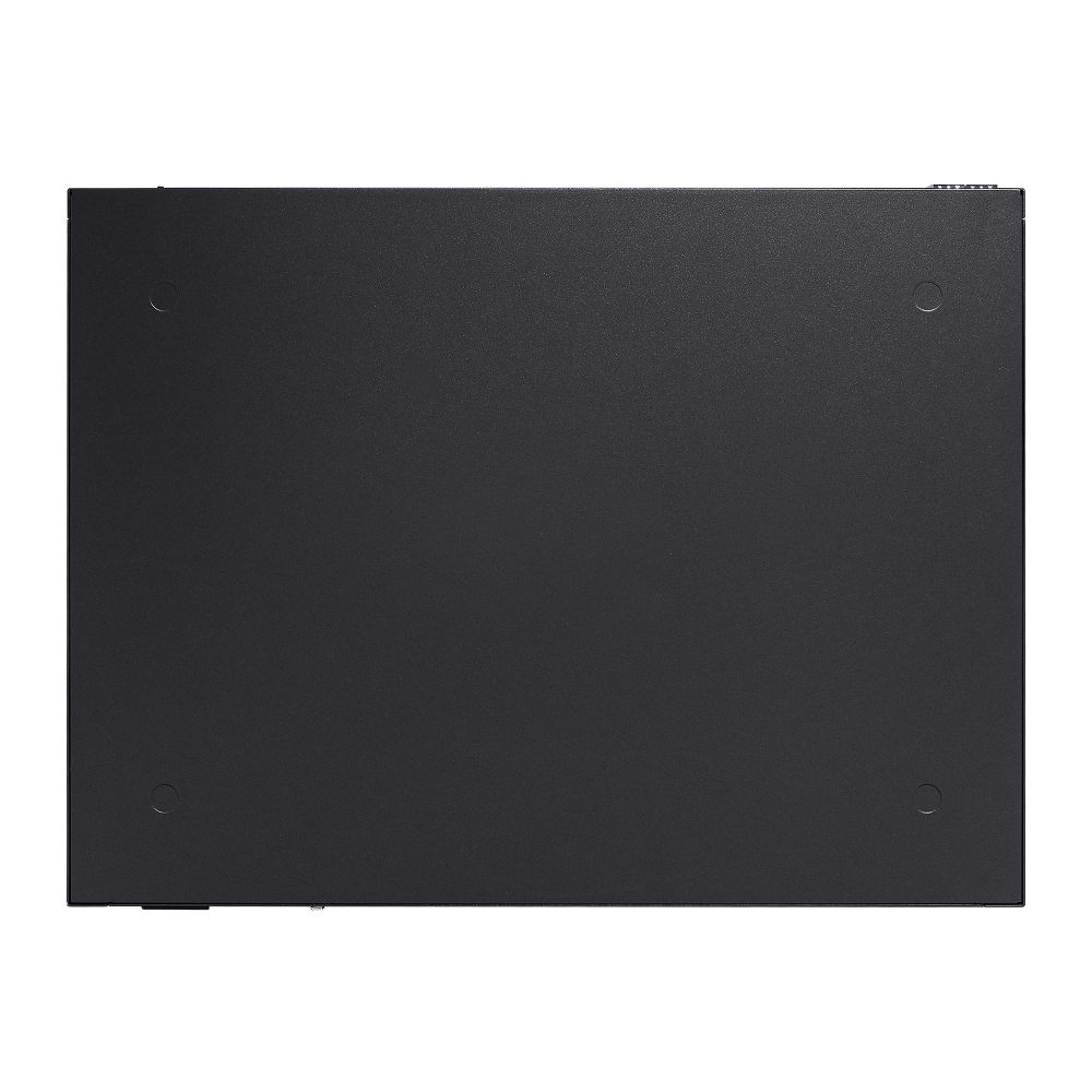 Appareil réseau noir, vue de dessous avec quatre trous de vis.