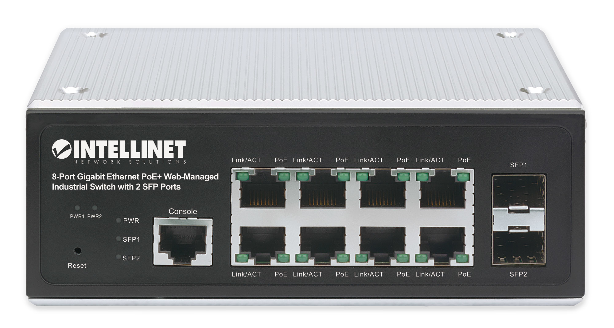 Switch di rete nero con porte, etichette e logo tp-link, su una superficie bianca.
