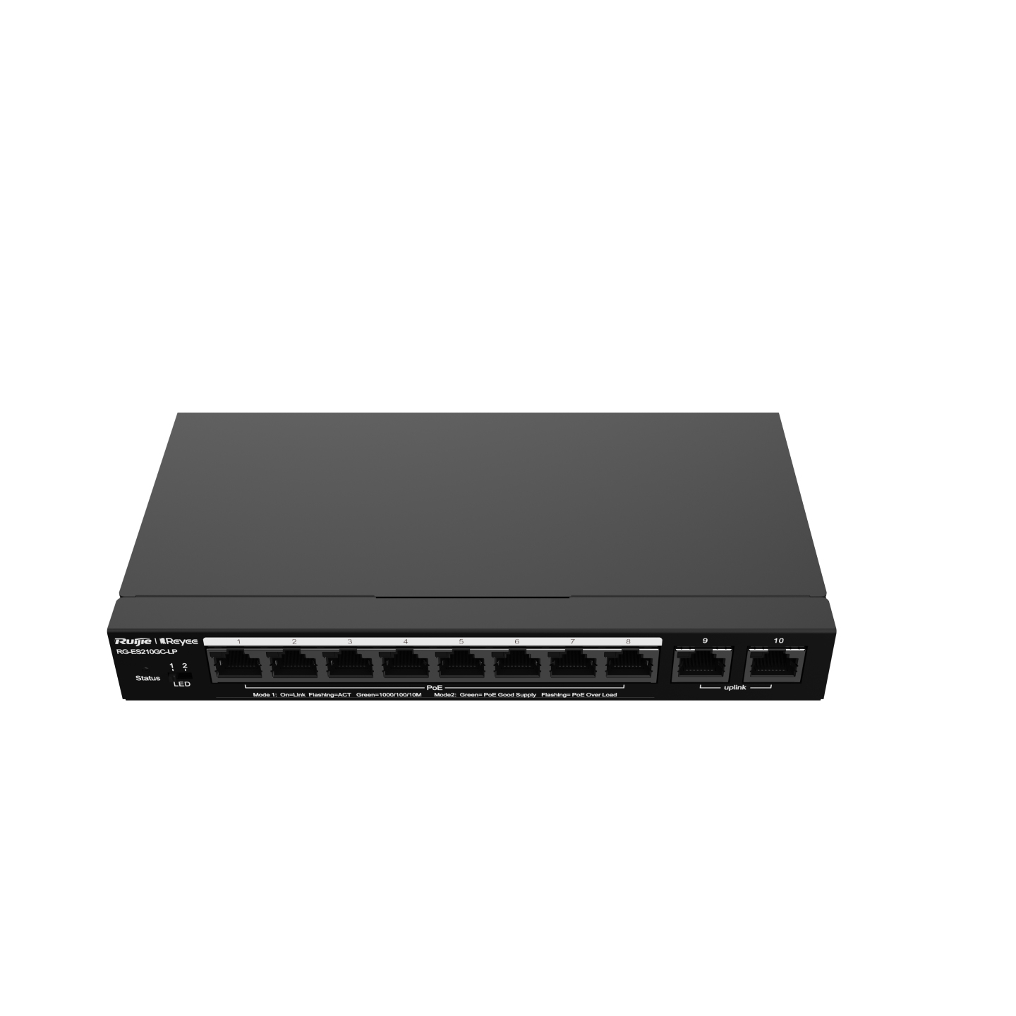 Switch di rete nero con porte e indicatori, vista frontale, su sfondo bianco.