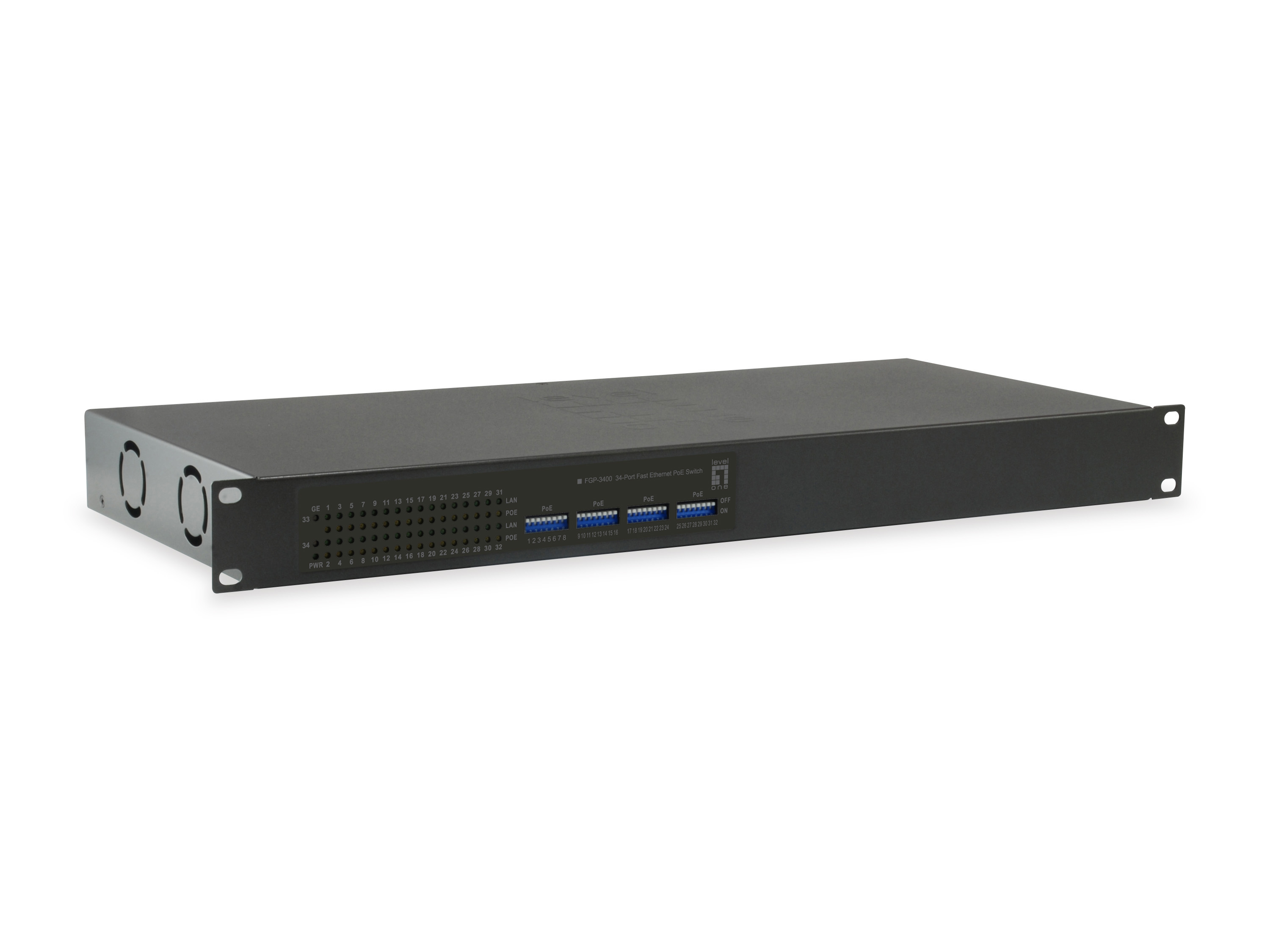 Uno switch di rete nero con 24 porte ed etichette per PoE e LAN. Ha due aperture per ventole sul lato.