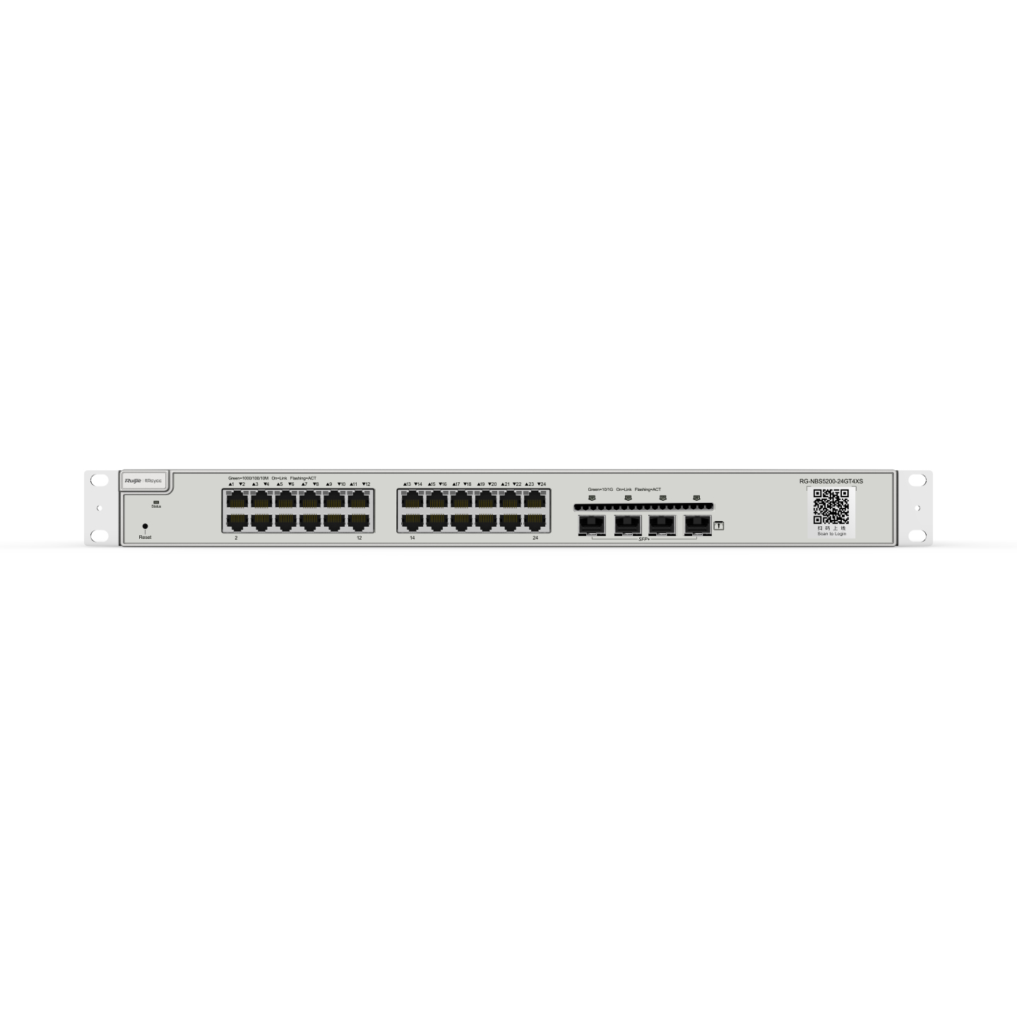 Uno switch di rete argentato con più porte, pulsante di accensione ed etichette. Sfondo bianco.