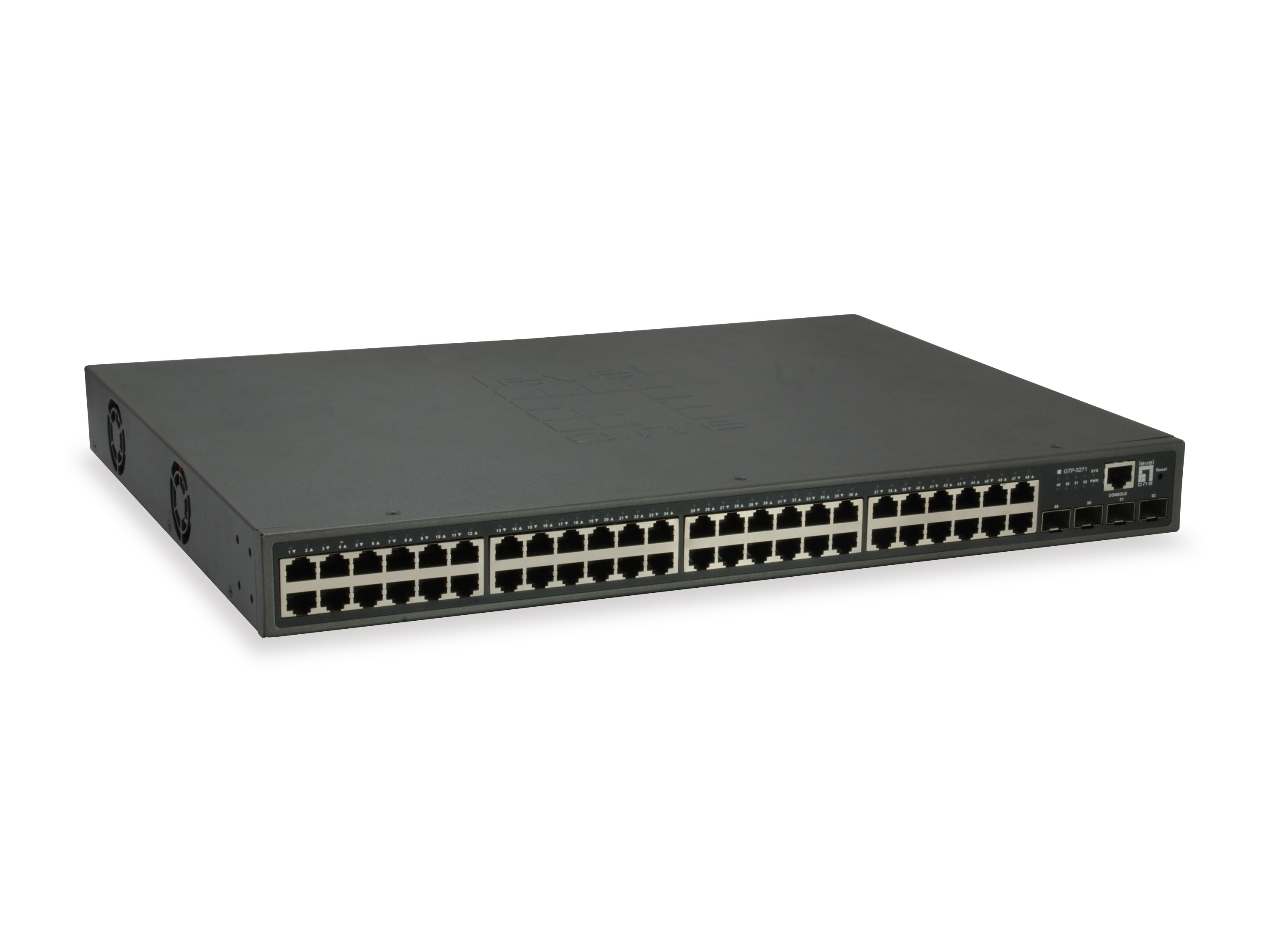 Switch di rete nero con porte ed etichette, con logo tp-link, su sfondo bianco.