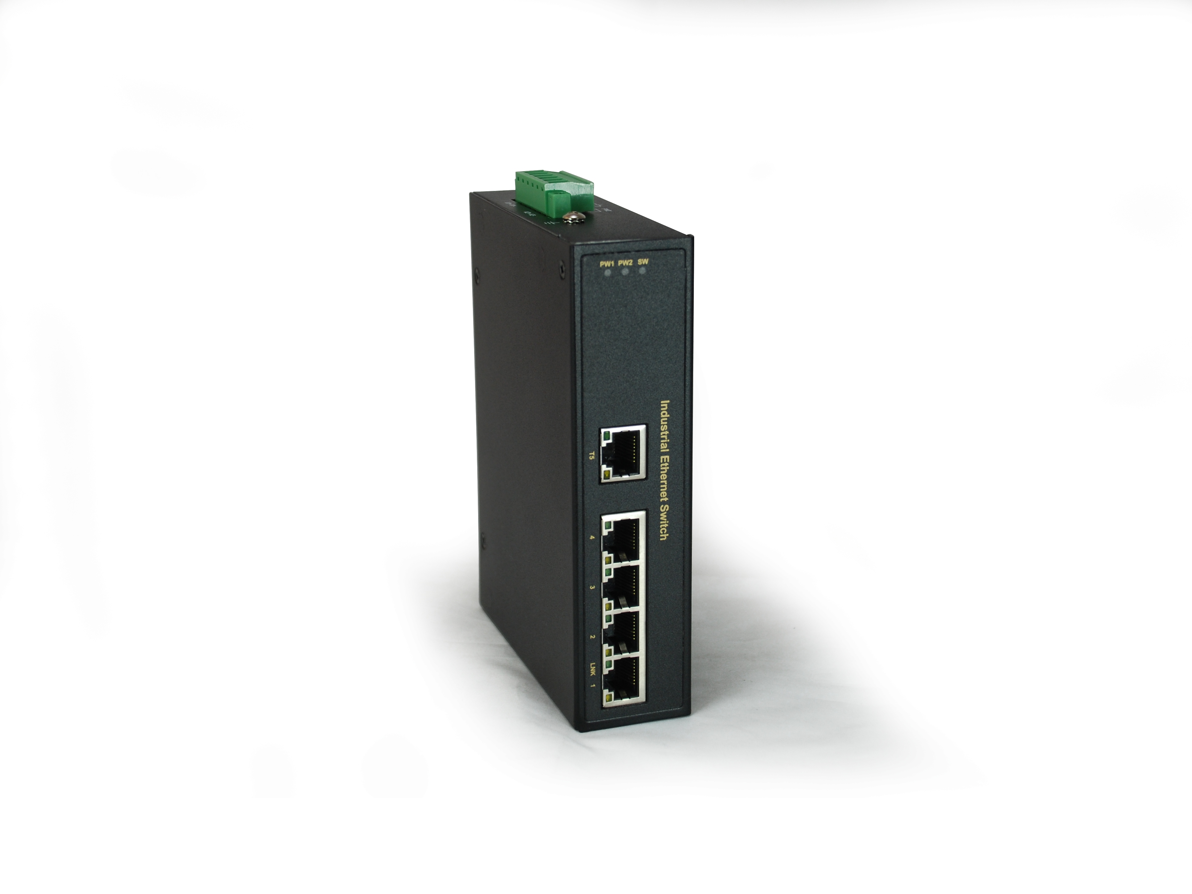 Switch Ethernet industriale nero, vista laterale. Porte e indicatori visibili. Sfondo bianco.