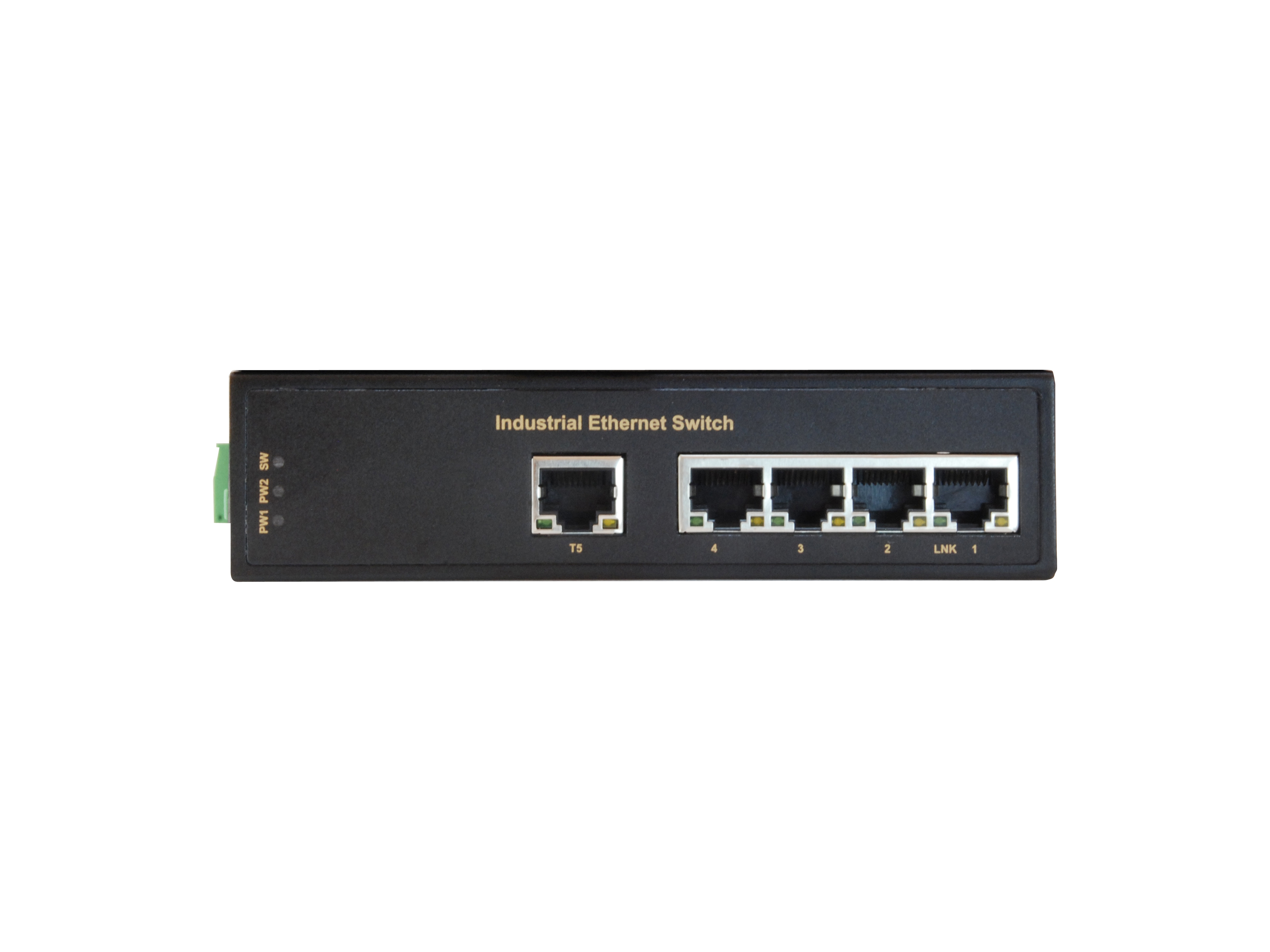 Switch Ethernet industriale nero con quattro porte. Ha etichette e connettori.