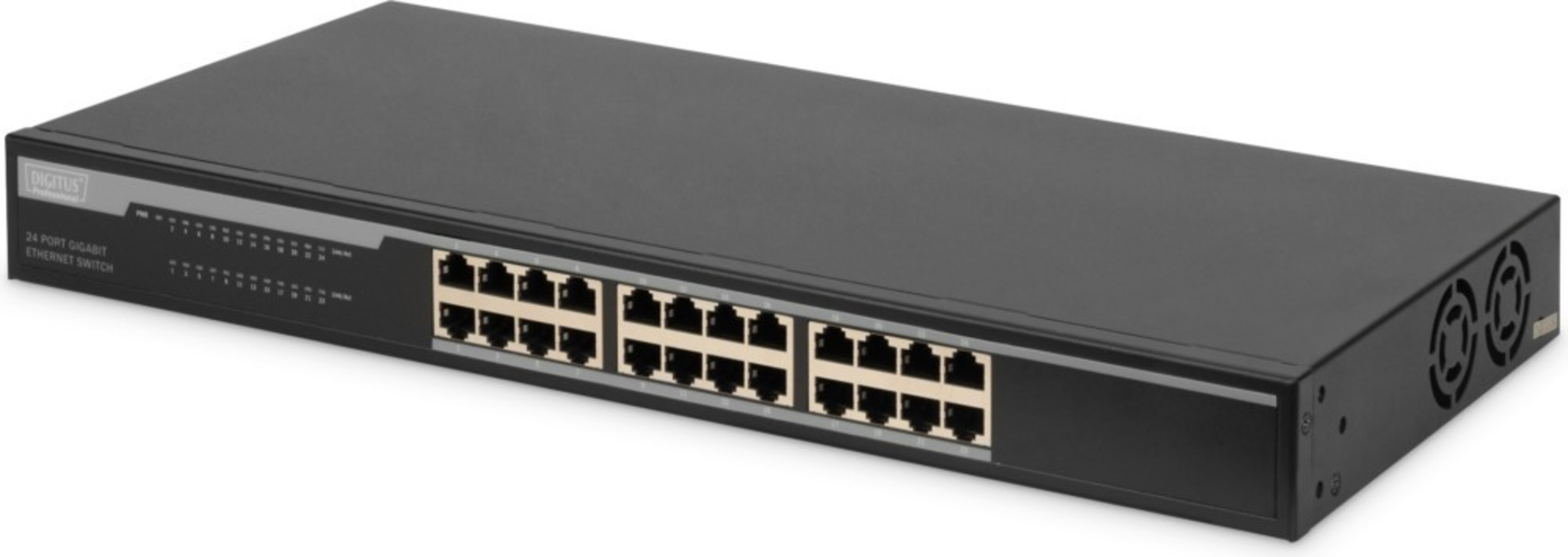 Switch Ethernet nero a 24 porte. Etichettato 'DIGITUS'. Diverse porte frontali.