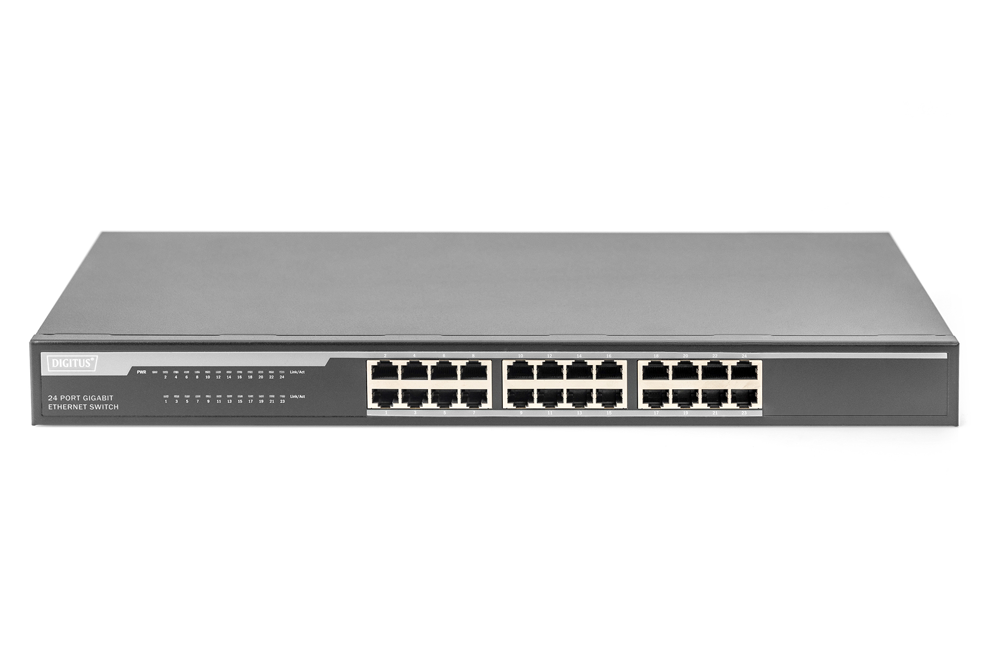 Uno switch di rete nero con 24 porte ed etichette. È uno switch Ethernet Gigabit a 24 porte.