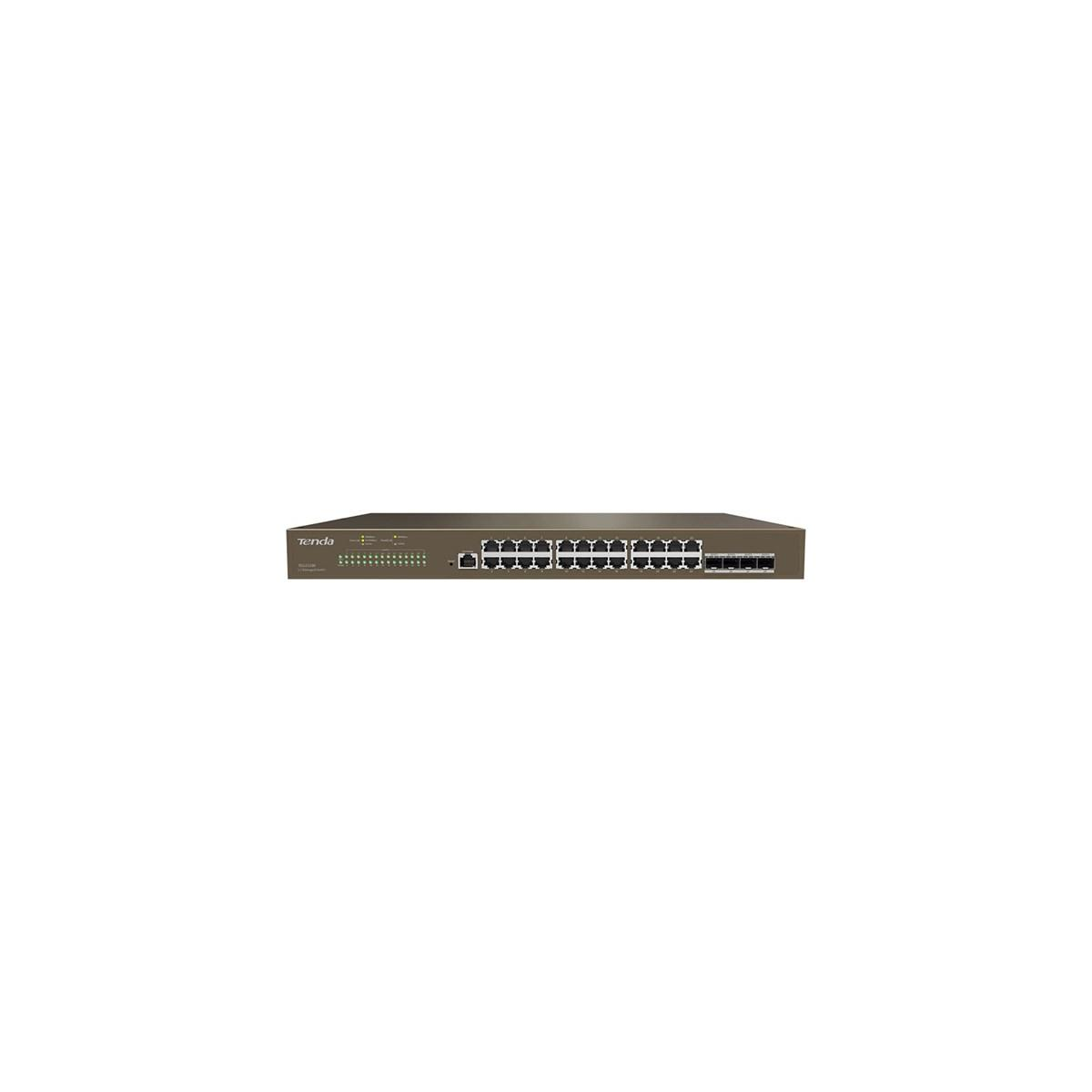 Switch di rete Tenda marrone su sfondo bianco. Vista frontale con porte e indicatori LED.