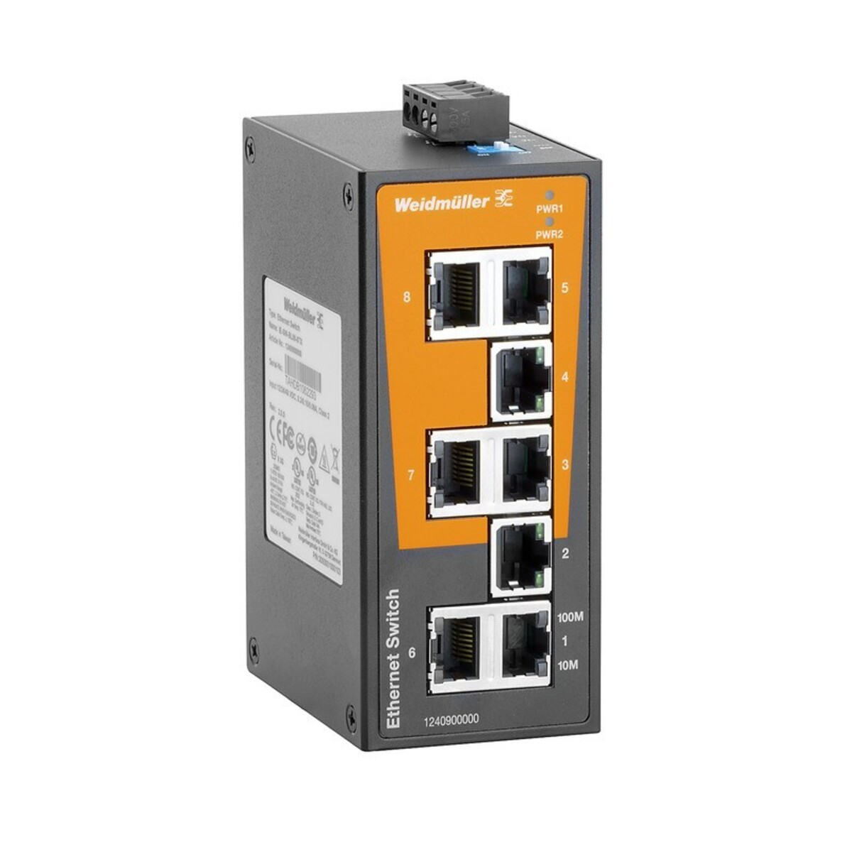Uno switch ethernet nero e arancione con più porte e il logo Weidmüller.