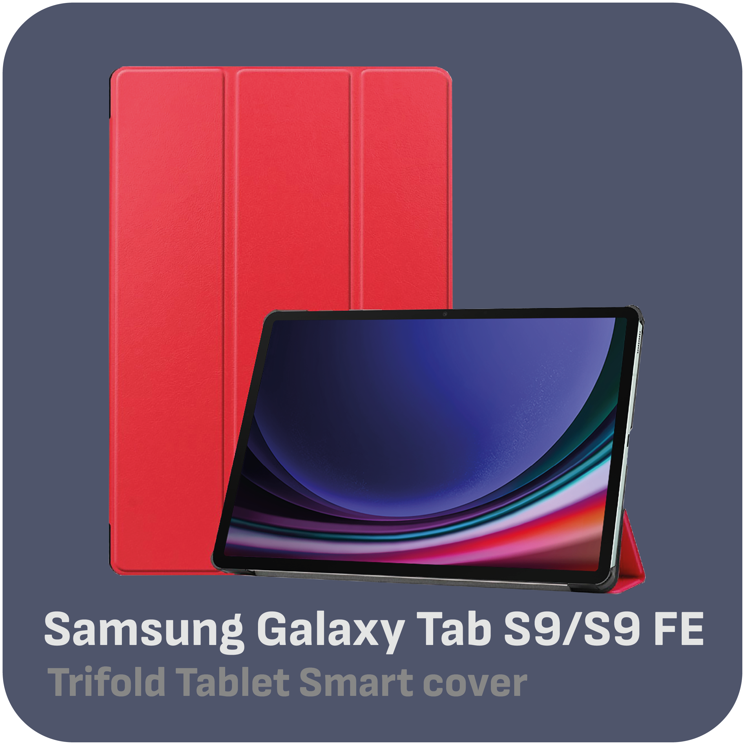 Eine rote Tablethülle neben einem Tablet mit blau-lila Bildschirm.