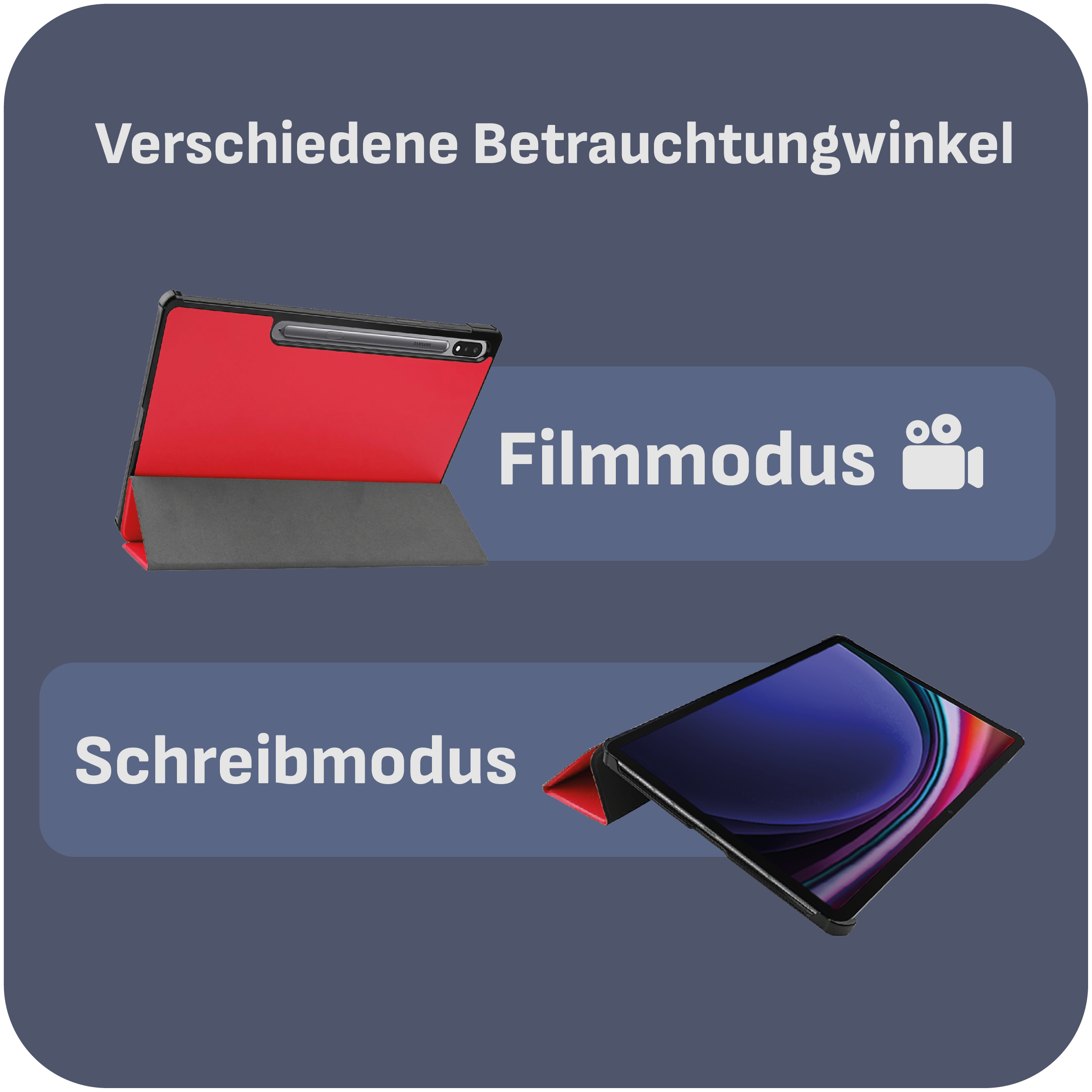 Tablet in roter Hülle, im Film- und Schreibmodus, auf blauem Hintergrund, mit weißem Text.