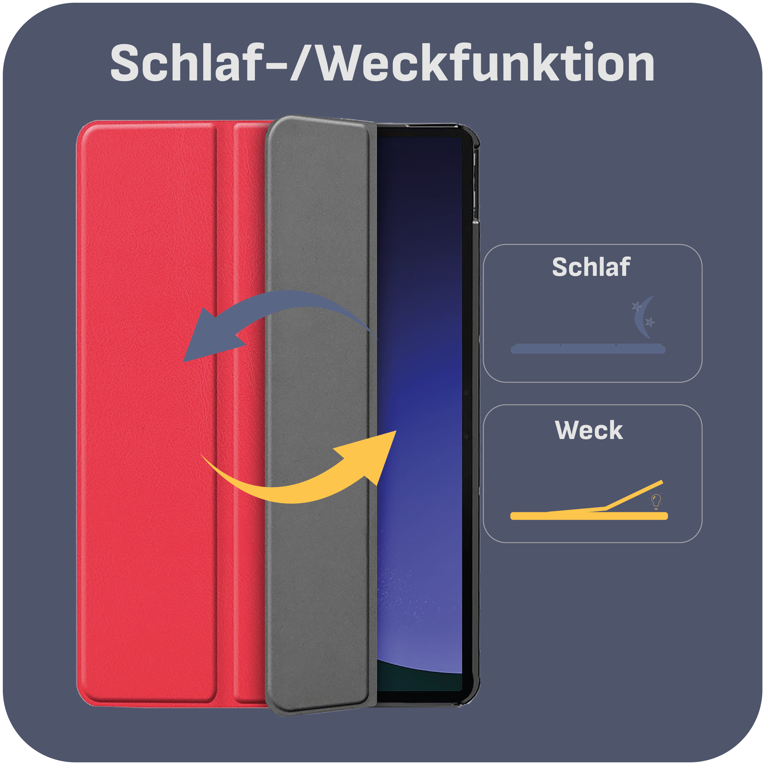 Rotes und graues Handy-Case mit Schlaf-/Weckfunktion-Symbolen und Pfeilen.